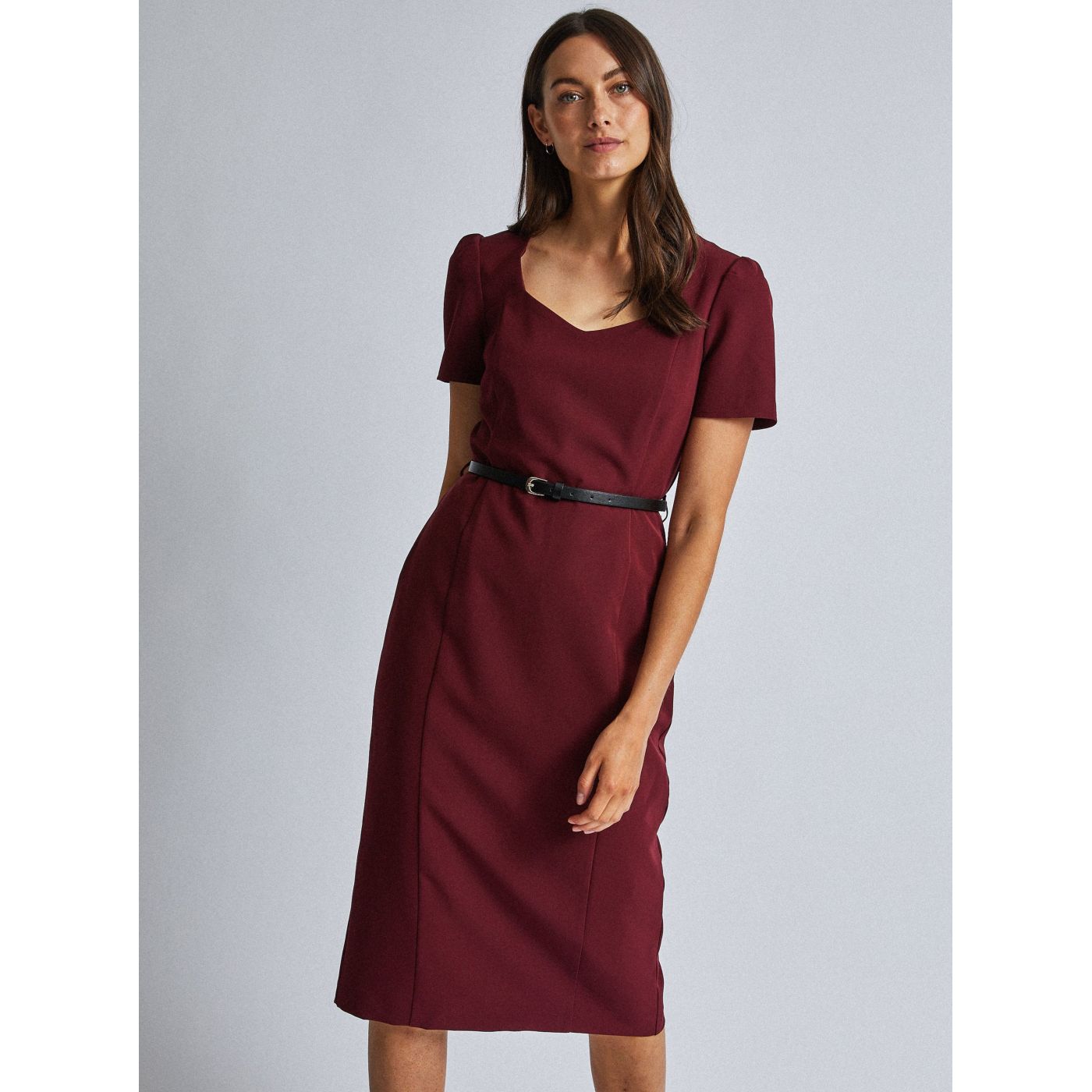 Burgundy sleeve mididishes with dorothy perkins belt
