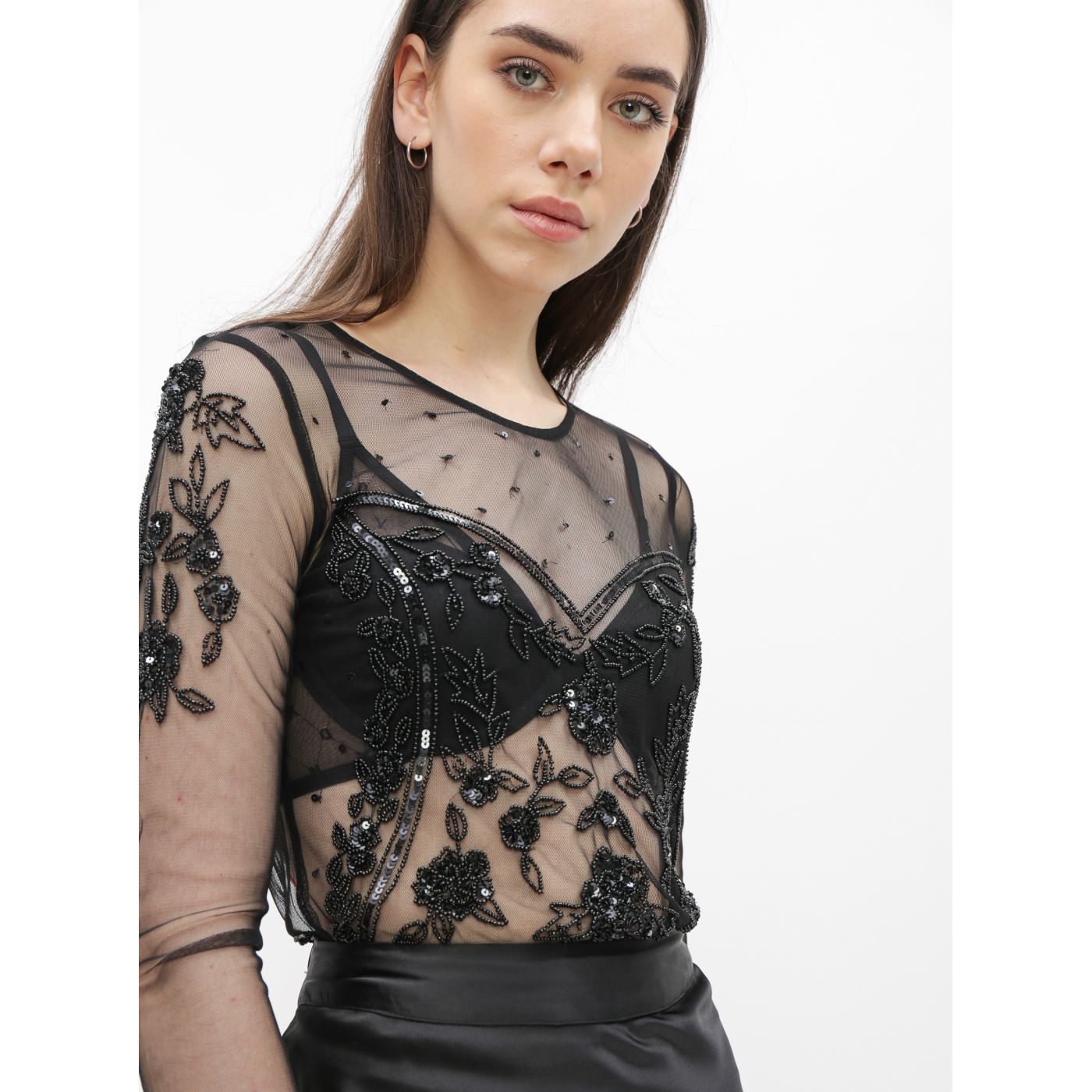 Black Translucent Blouse with Beads and Sequins TALLY WEiJL