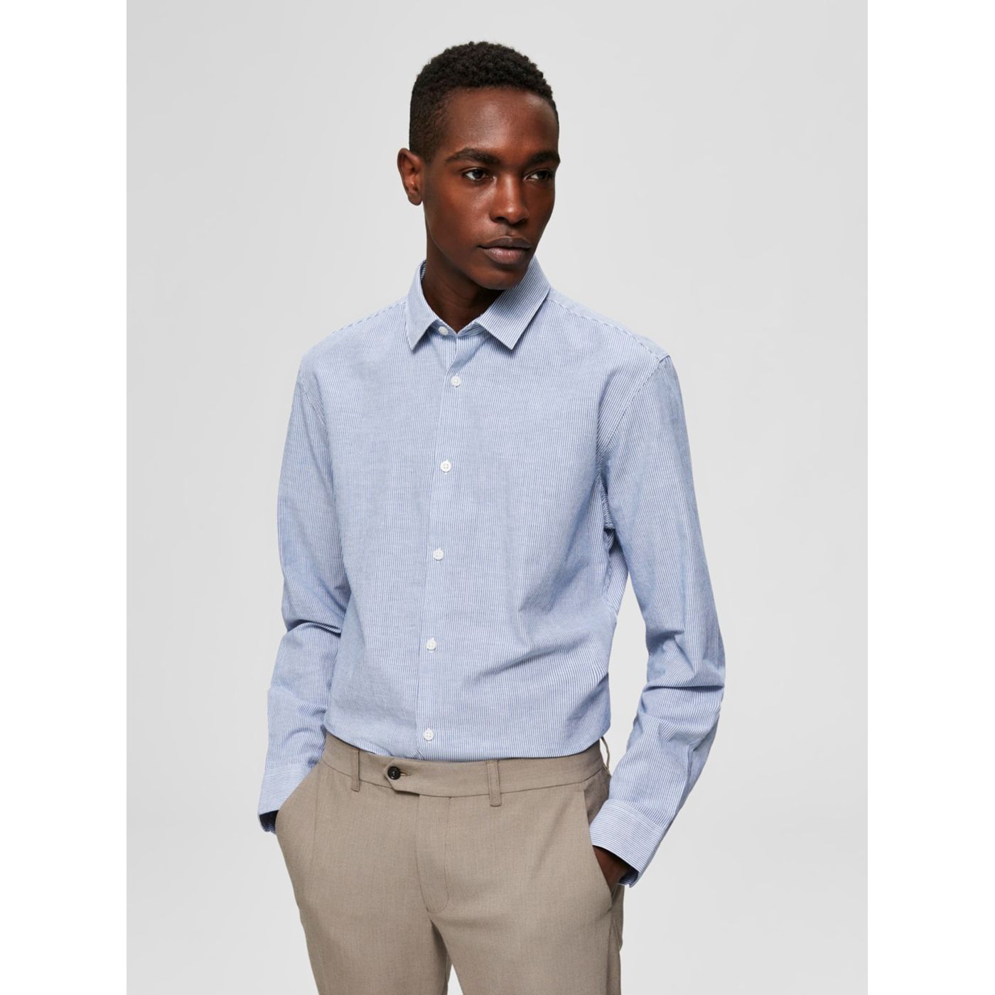 Light Blue Slim Fit Shirt with Flax Flax Selected Homme Linen