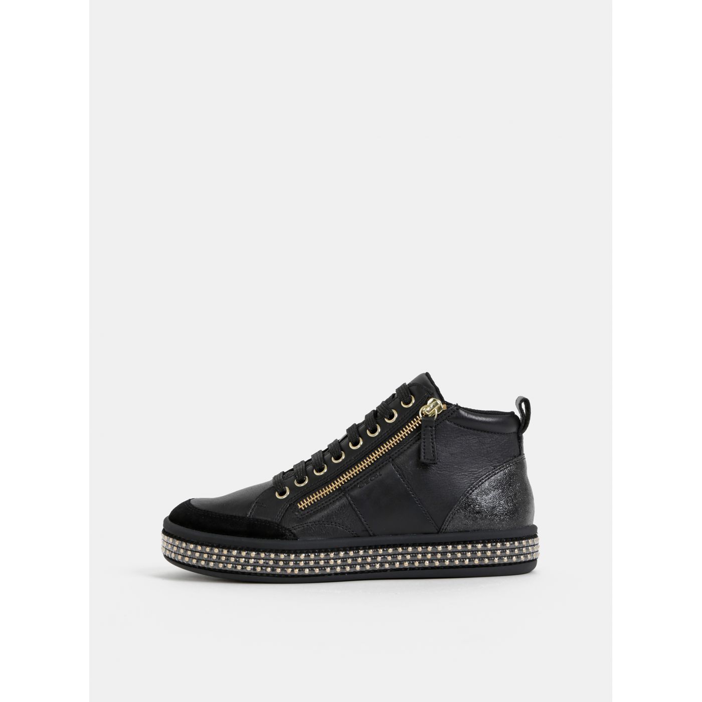 Black Women's Leather Ankle Trainers with Geox Leelu Gold Detail