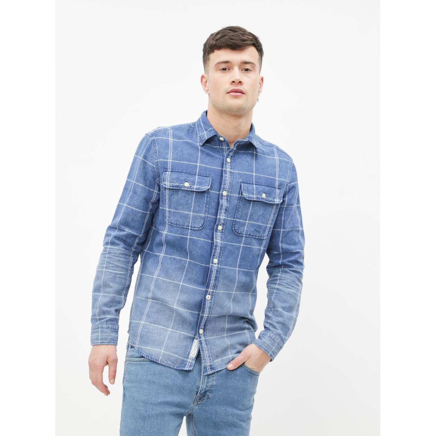 Blue Checked Denim Slim Fit Shirt Jack & Jones Fade