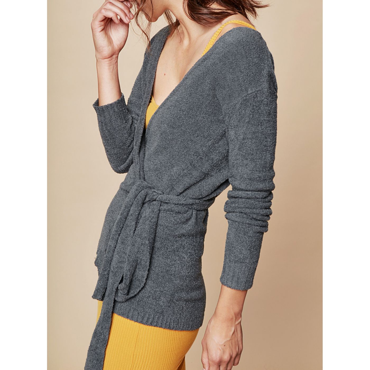 Grey reaping basic cardigan with touch me binding.