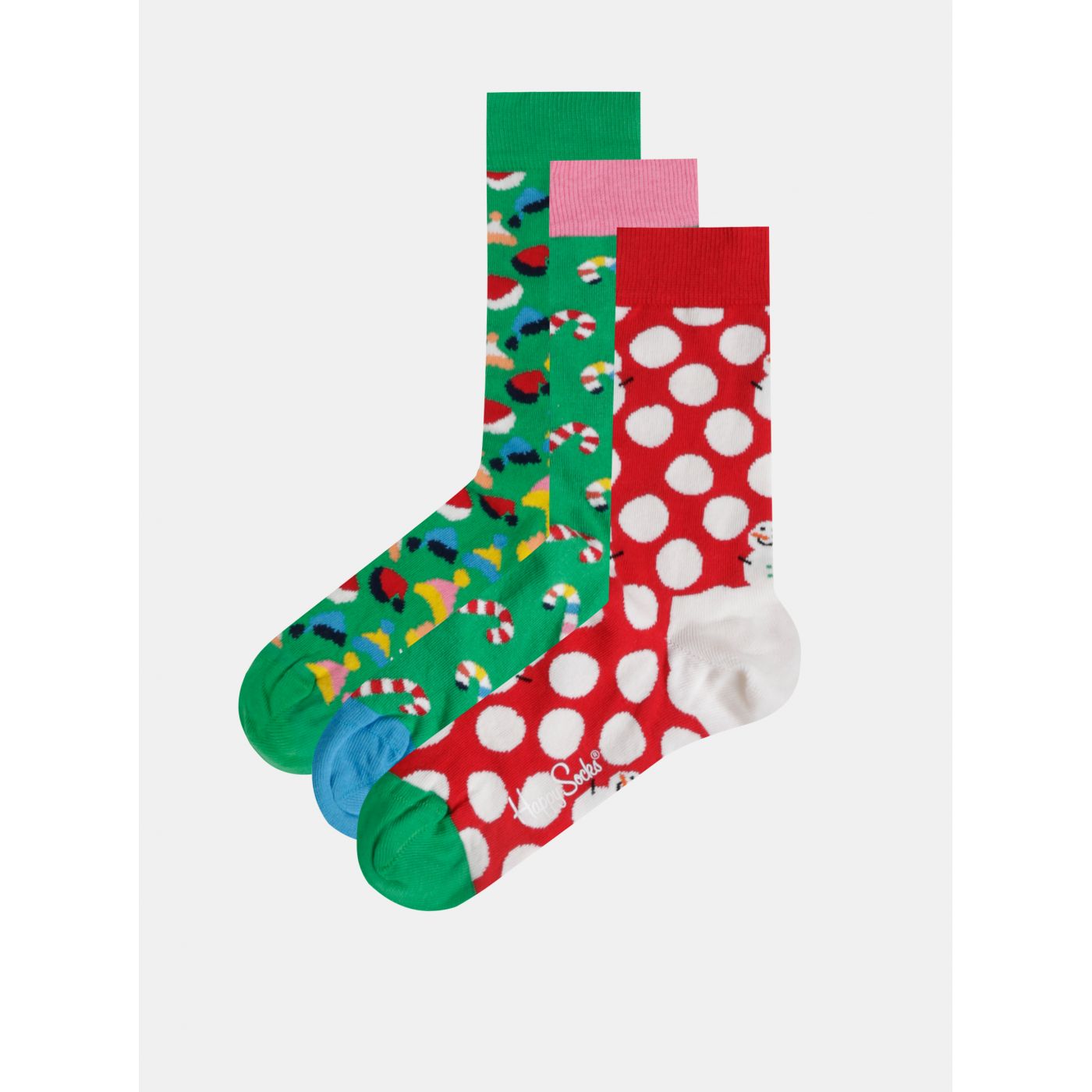 Set of three pairs of patterned socks in red and green in the Happy Socks Holiday gift box