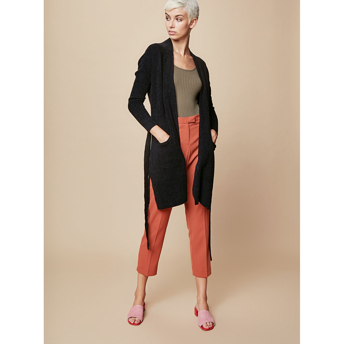 Black long basic cardigan with pockets touch me. Simply