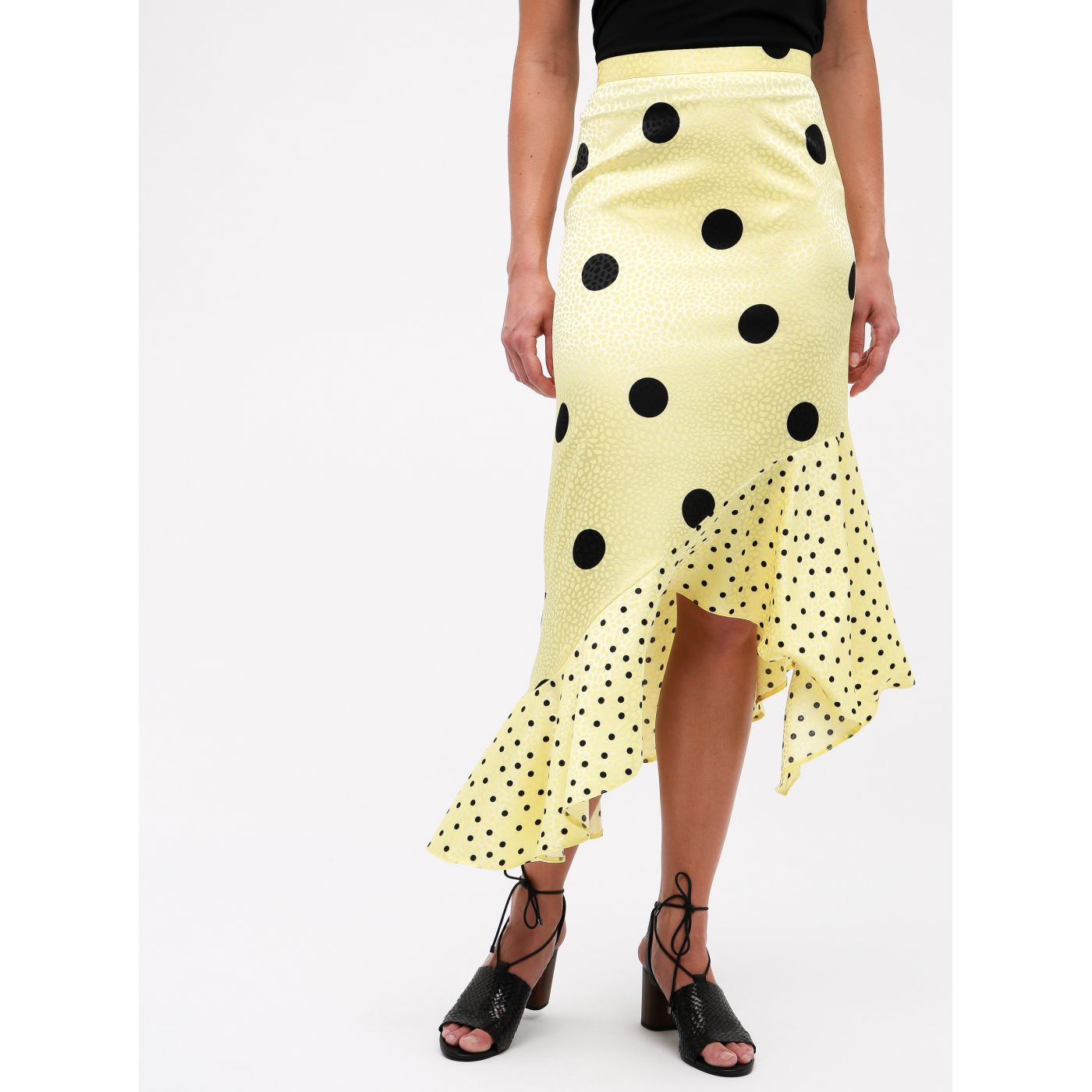 Miss Selfridge's Yellow Asymmetrical Dot Midi Skirt