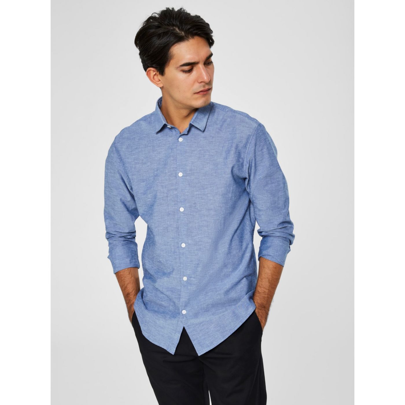 Blue Annealed Slim Fit Shirt with Flax Flax Selected Homme Linen