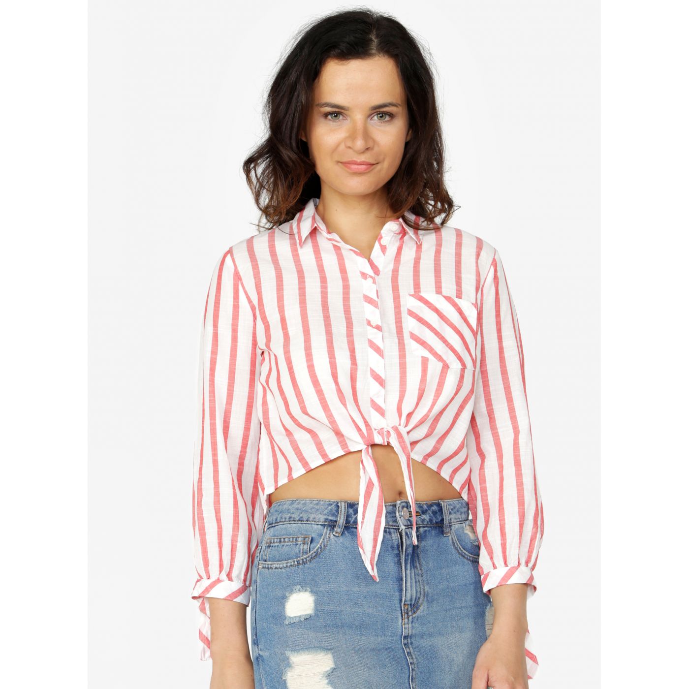 Cream-red striped short shirt ONLY Ameli