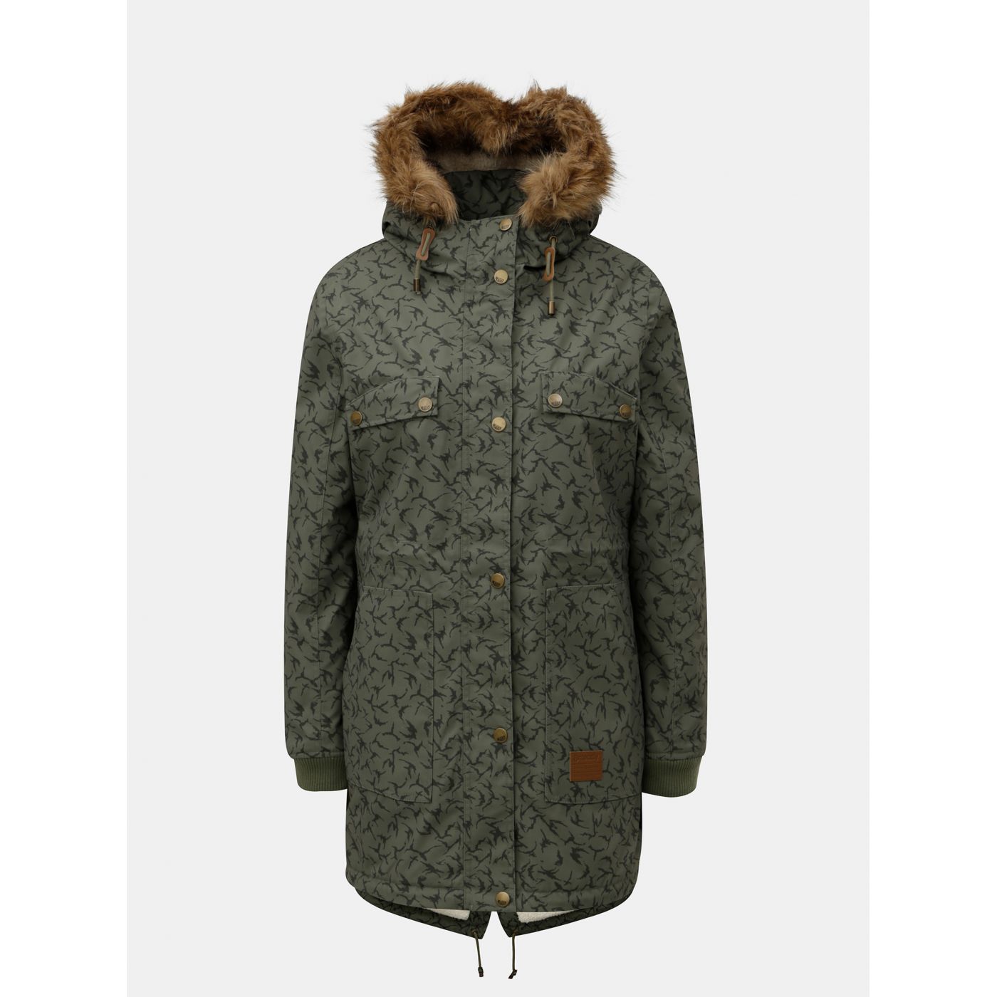 Green women's patterned winter parka with meatfly ruby inner faux fur coat