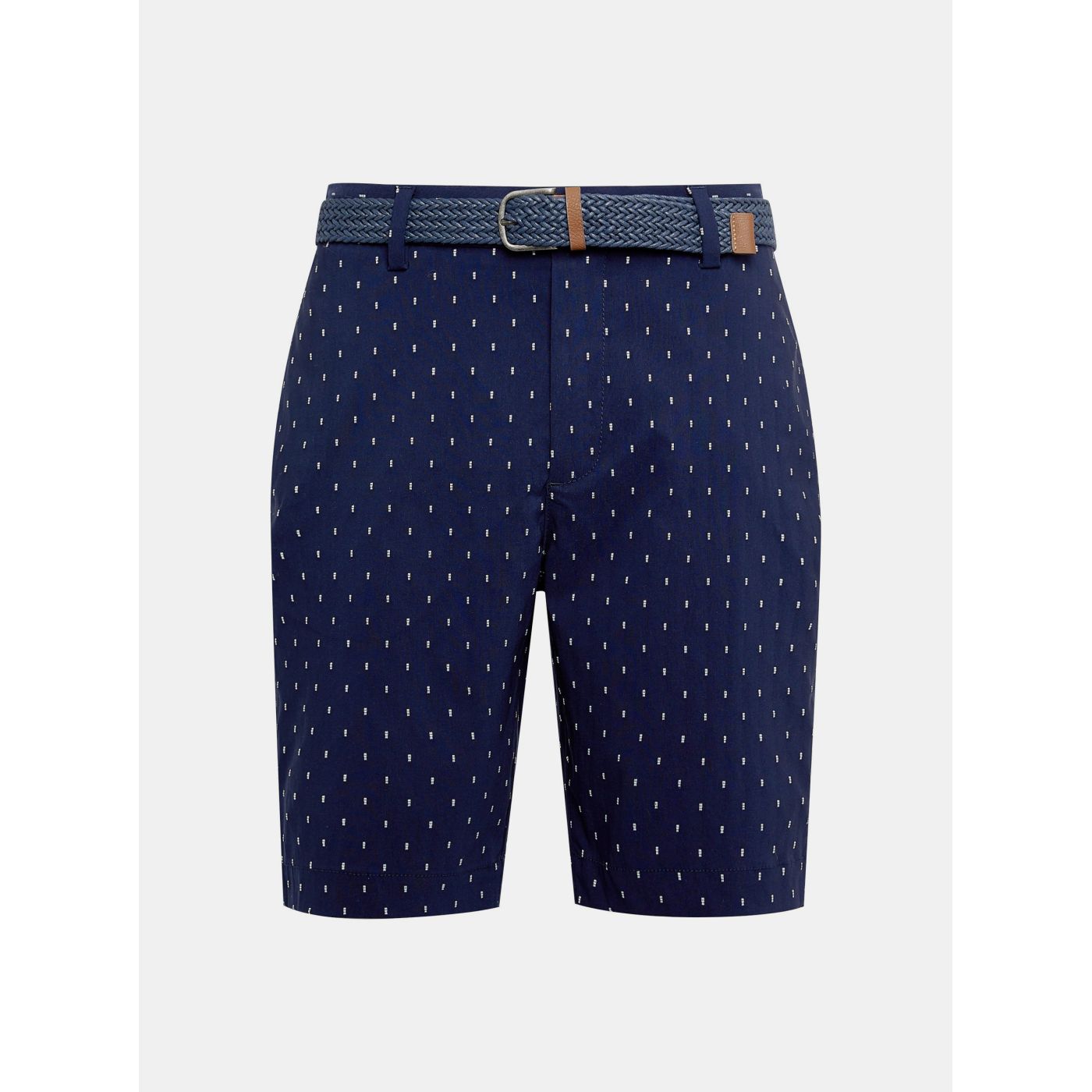 Dark blue patterned shorts with Burton Menswear London belt