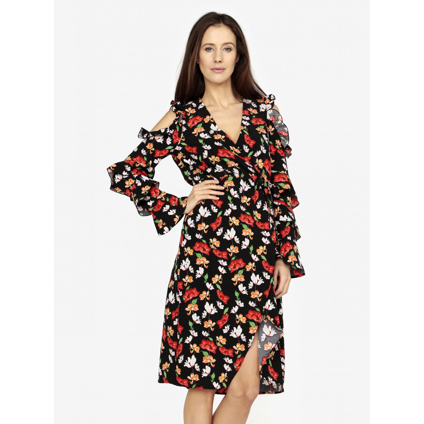 Black floral dress with ruffles and cut-outs on missguided shoulders