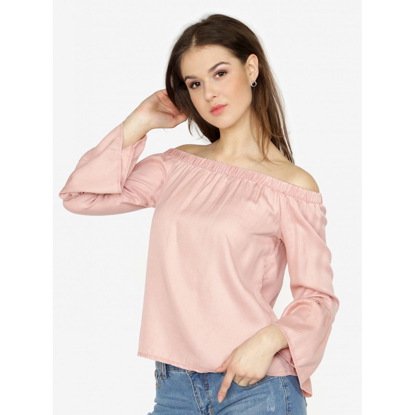 Pink off-the-shoulder blouse and only sandy bell sleeves