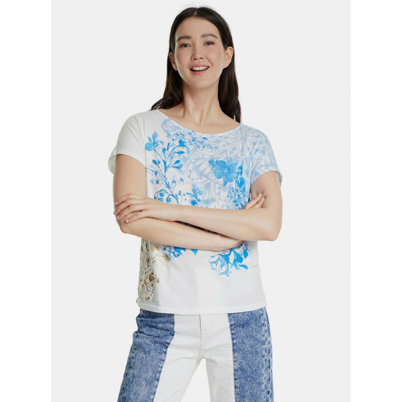 Desigual Blue-White Patterned T-Shirt