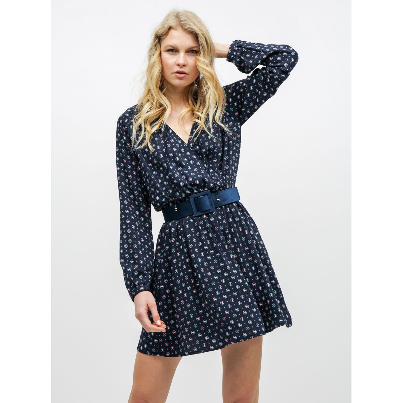 Dark blue patterned dress with folded neckline ONLY Vicky