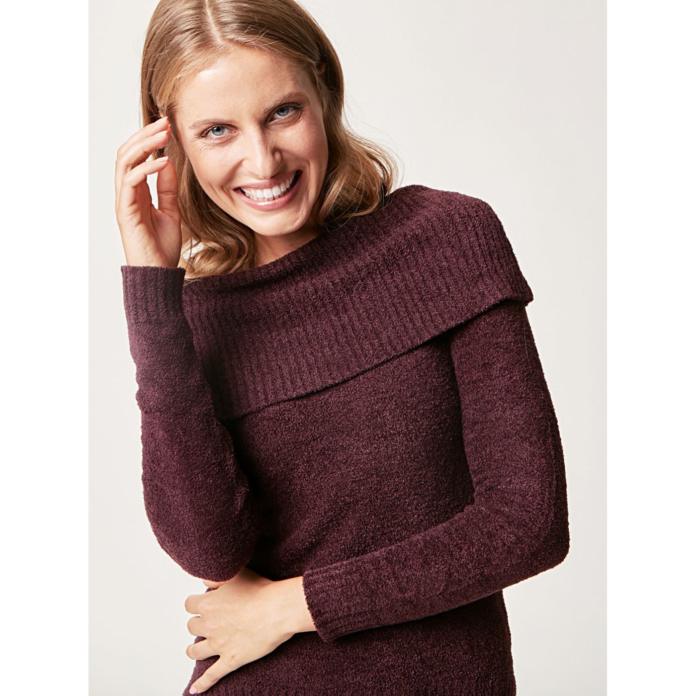 Dark purple sweater with touch me collar.