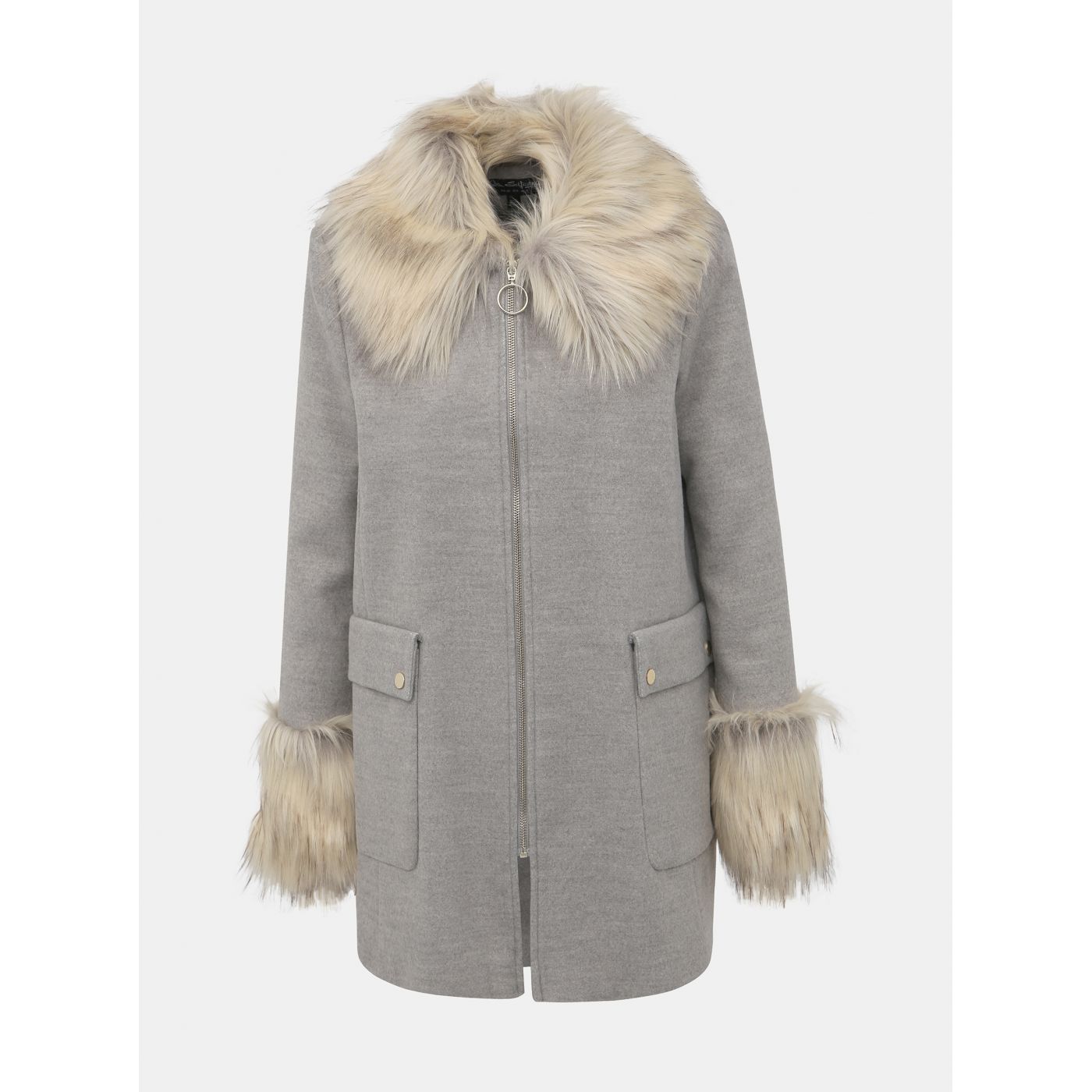 Miss Selfridge's Grey Coat with Faux Fur Details