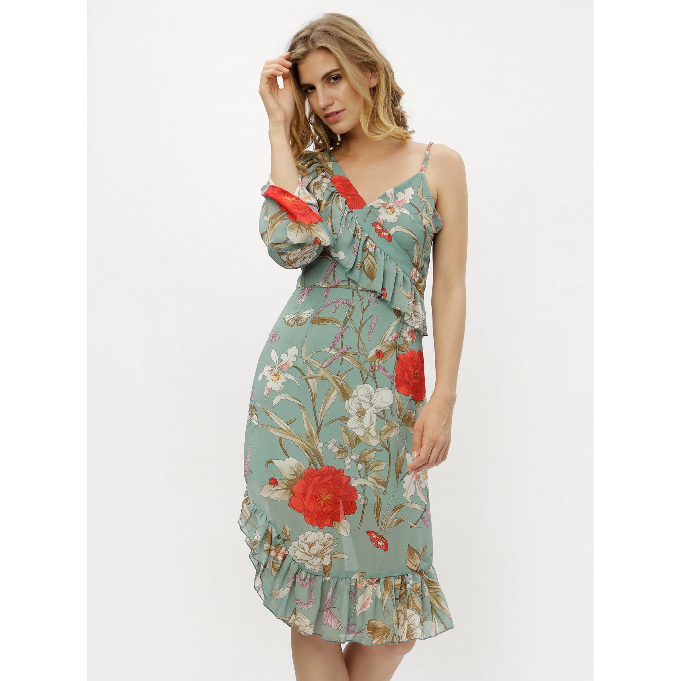 Green Asymmetrical Floral Dress with Flounced MISSGUIDED