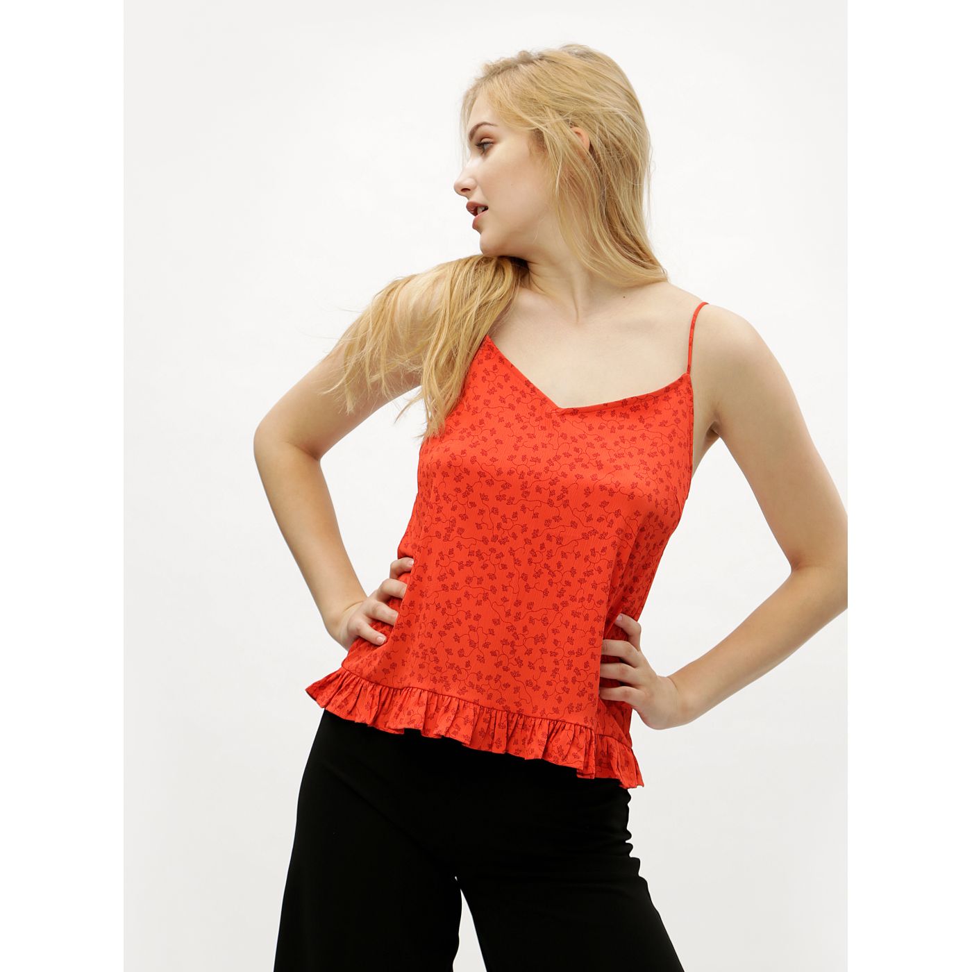 Red floral top with VERO MODA Eve ruffle