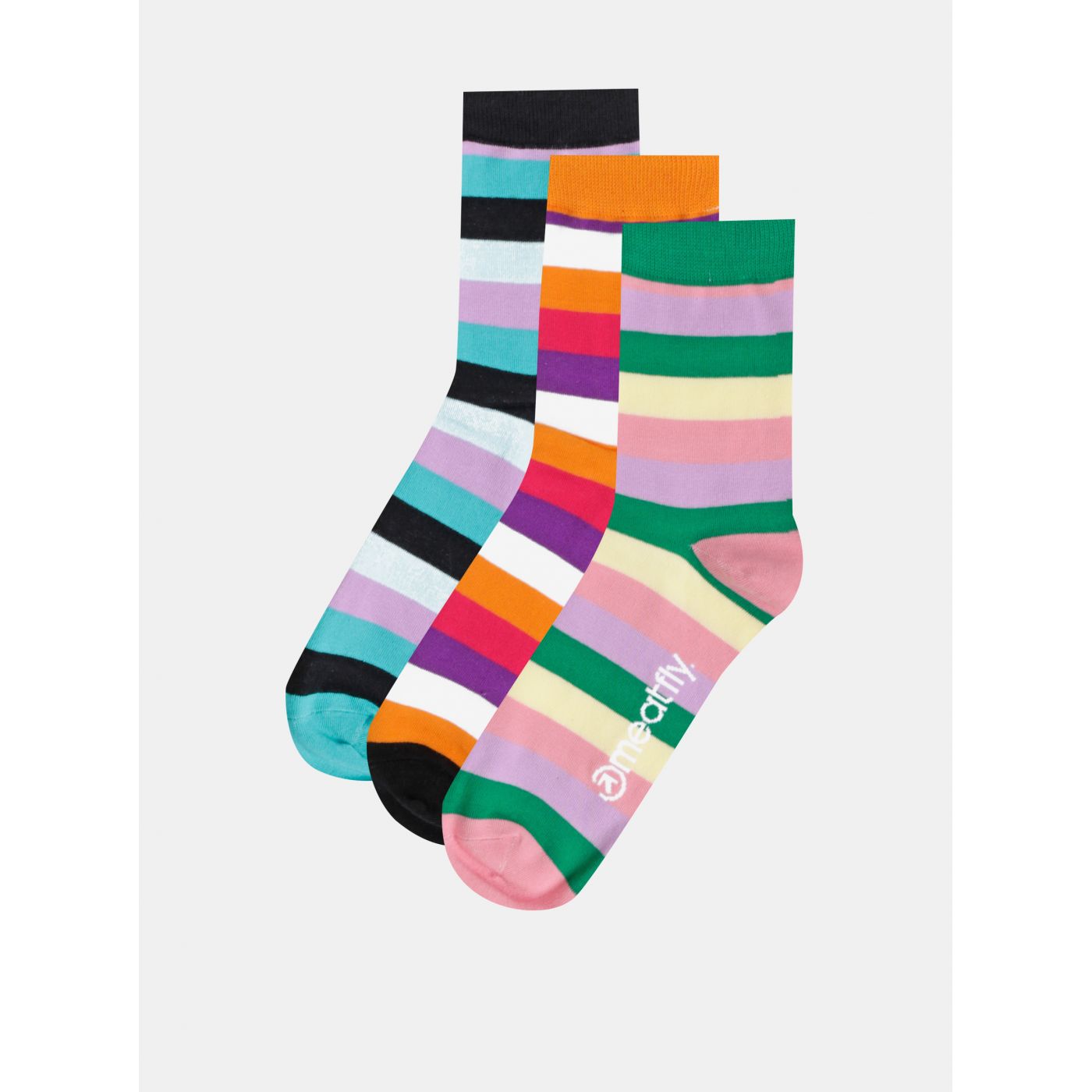 Set of three pairs of women's socks in green, red and pink meatfly
