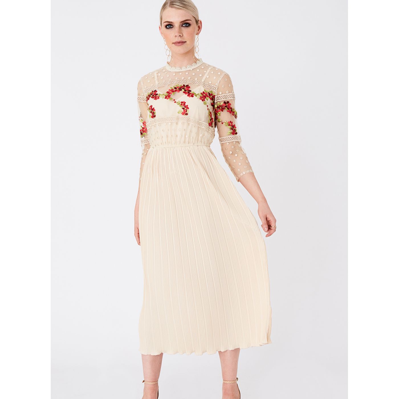 Beige Pleated Maxi Dress with Little Mistress Embroidery