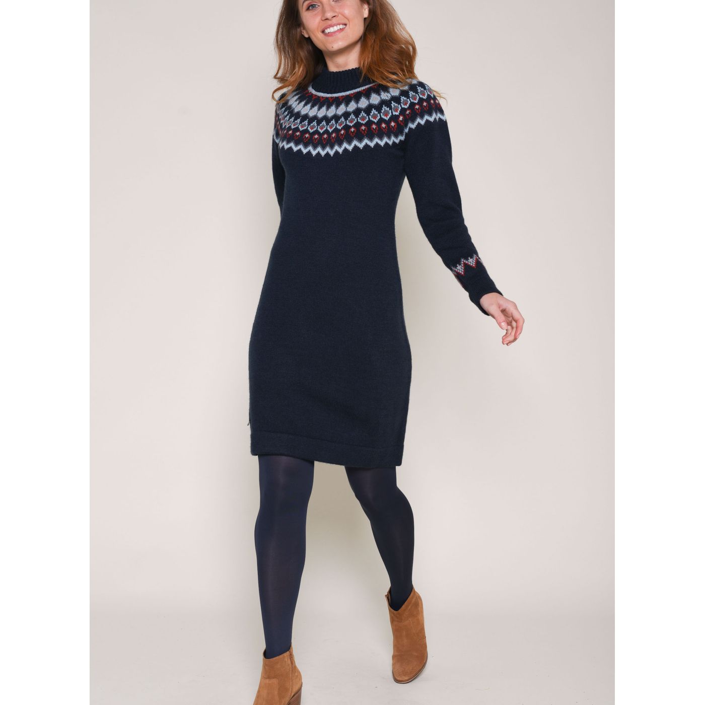 Dark blue patterned sweater dress with brakeburn alpaca wool admiss