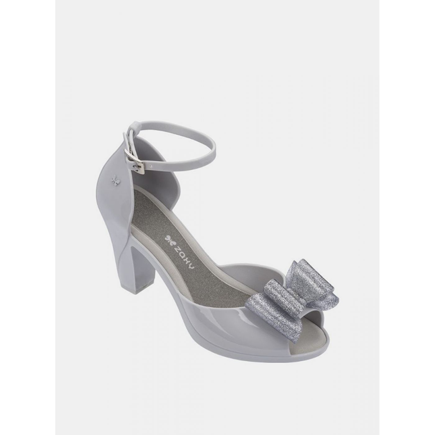 Grey shiny sandals with shimmering Zaxy Diva Top bow