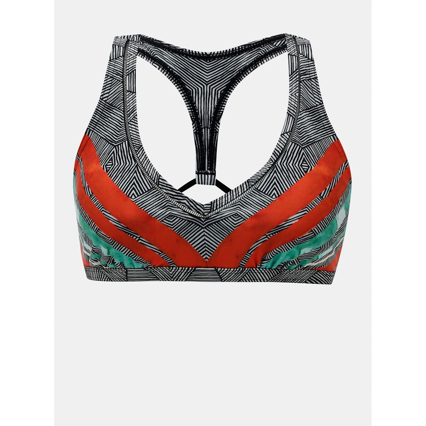 Red-grey patterned swimsuit top by PrAna Khari