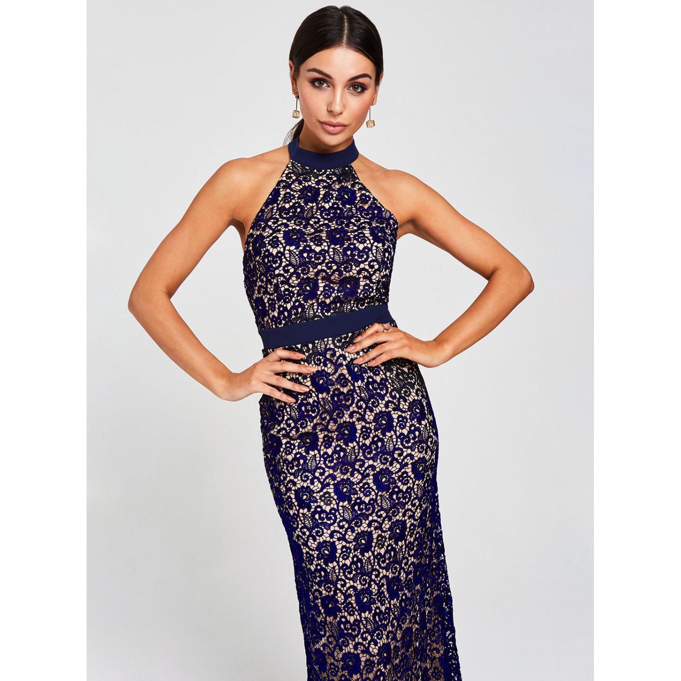 Beige-blue lace maxi dress with paper dolls