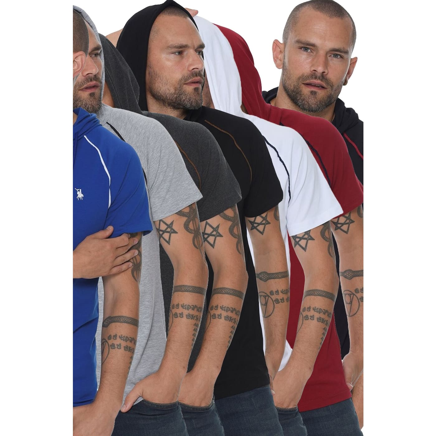 YEDLi SET T8570 DEWBERRY HOODED MEN's T-SHIRT-BLACK-LACİVERT-WHITE-GRAY-SAKS-ANTHRACIC-BURGUNDY