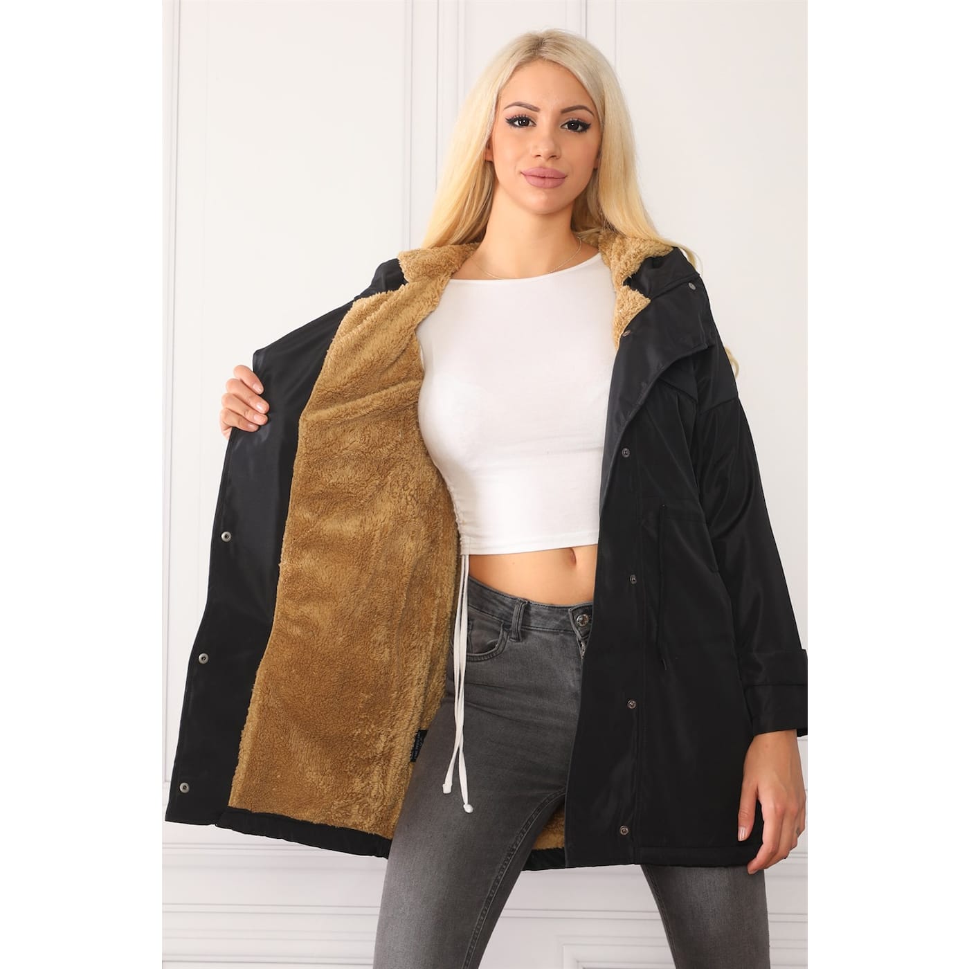 Z7075 DEWBERRY WOMEN'S COAT-BLACK WITH LAMB