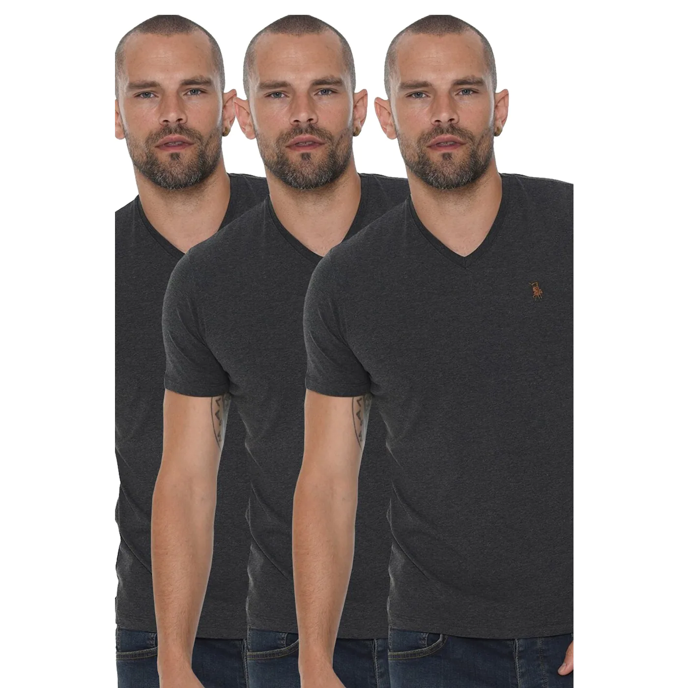 TRIPLE SET T8568 DEWBERRY V COLLAR MEN's T-SHIRT-ANTHRACITE-ANTHRACITE-ANTHRACITE-ANTHRACITE
