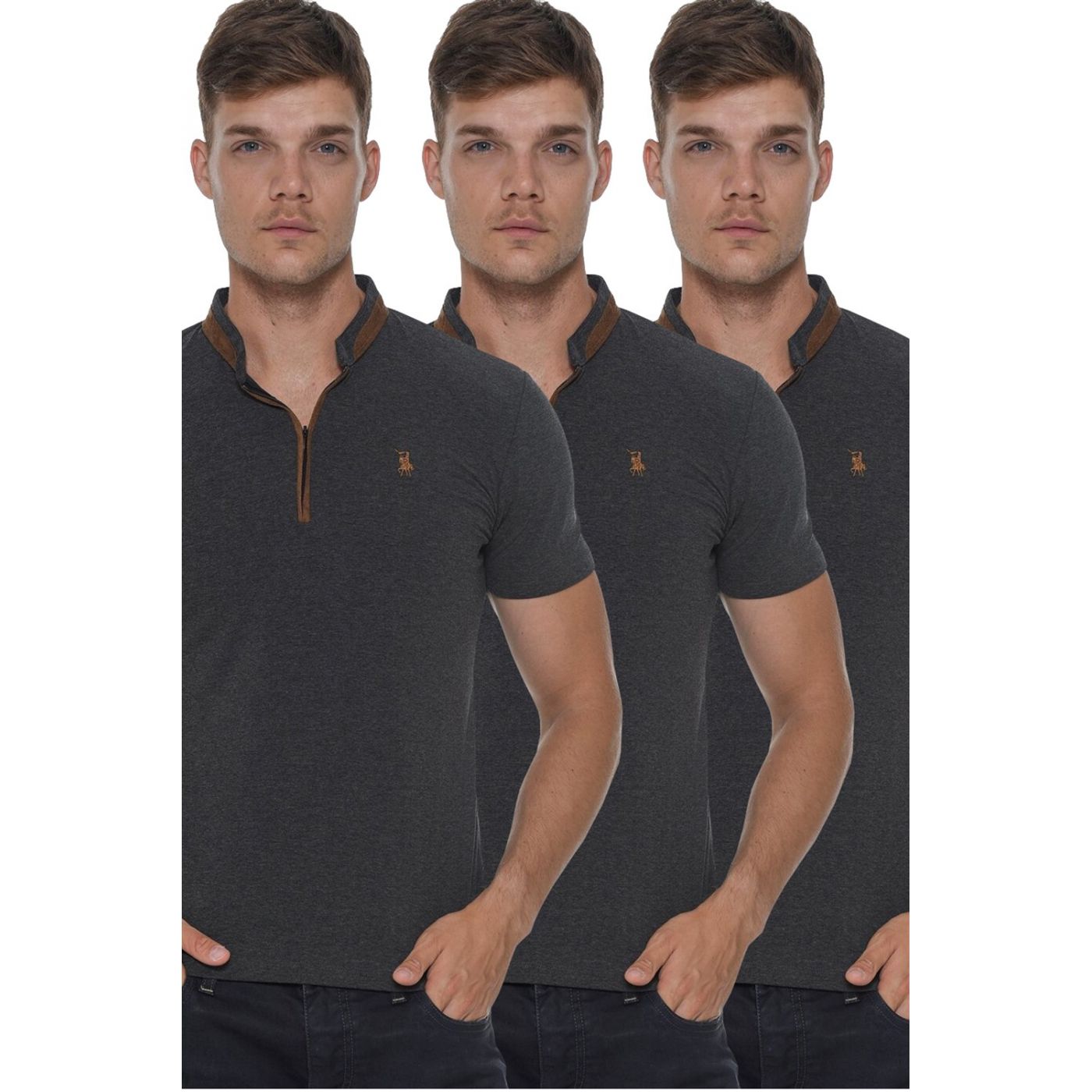 TRIPLE SET T8571 DEWBERRY ZIPPERED MEN's T-SHIRT-ANTHRACITE-ANTHRACITE-ANTHRACITE-ANTHRACITE