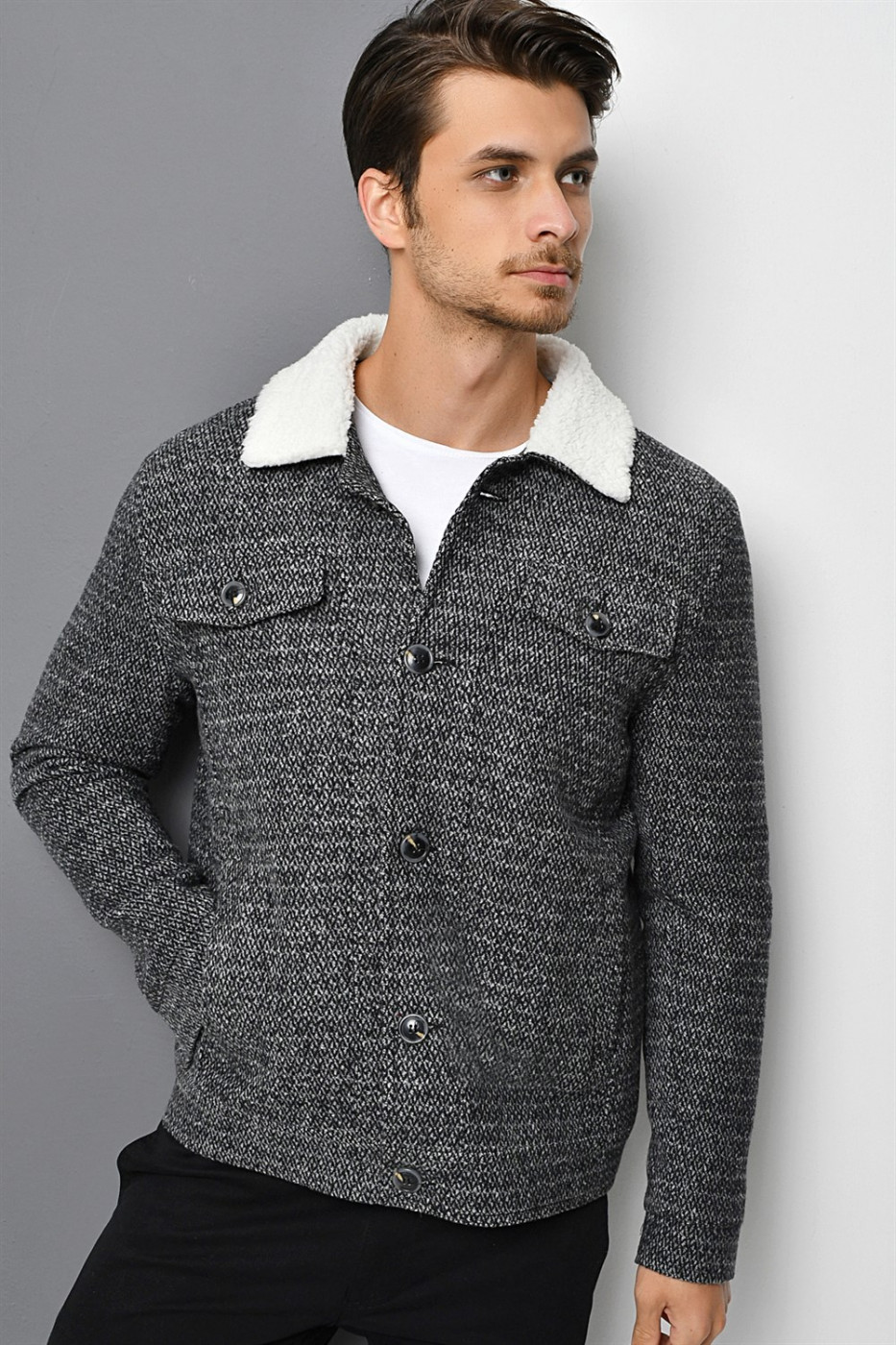 K7541 DEWBERRY MEN's COAT-PATTERNED BLACK