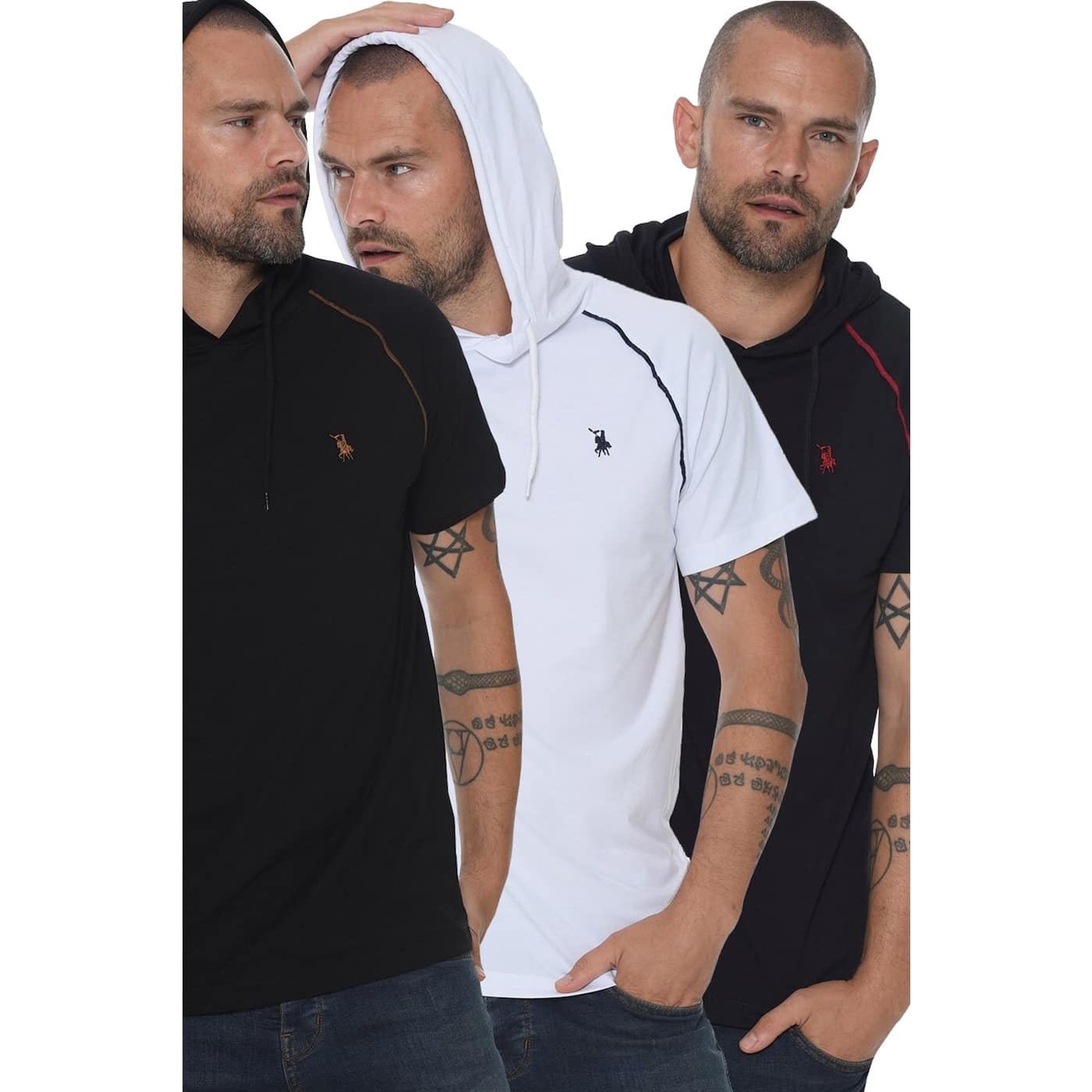 TRIPLE SET T8570 DEWBERRY HOODED MEN's T-SHIRT-BLACK-WHITE-LACİVERT
