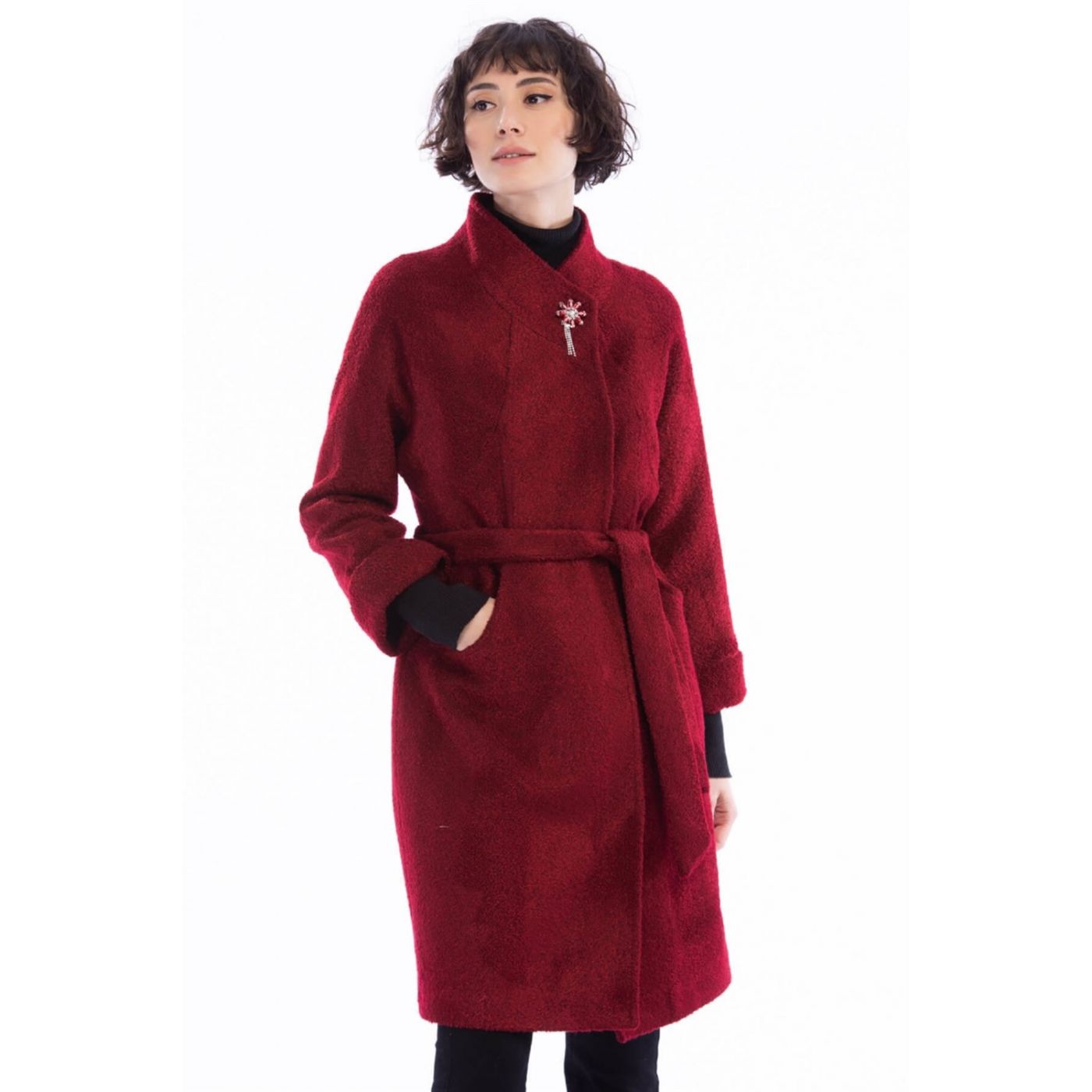 Z6602 DEWBERRY WOMEN'S COAT (OUT SOURCE BROOCH)-BURGUNDY