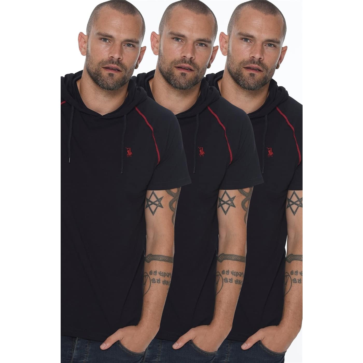 TRIPLE SET T8570 DEWBERRY HOODED MEN's T-SHIRT-LACİVERT-LACİVERT-LACİVERT-LACİVERT