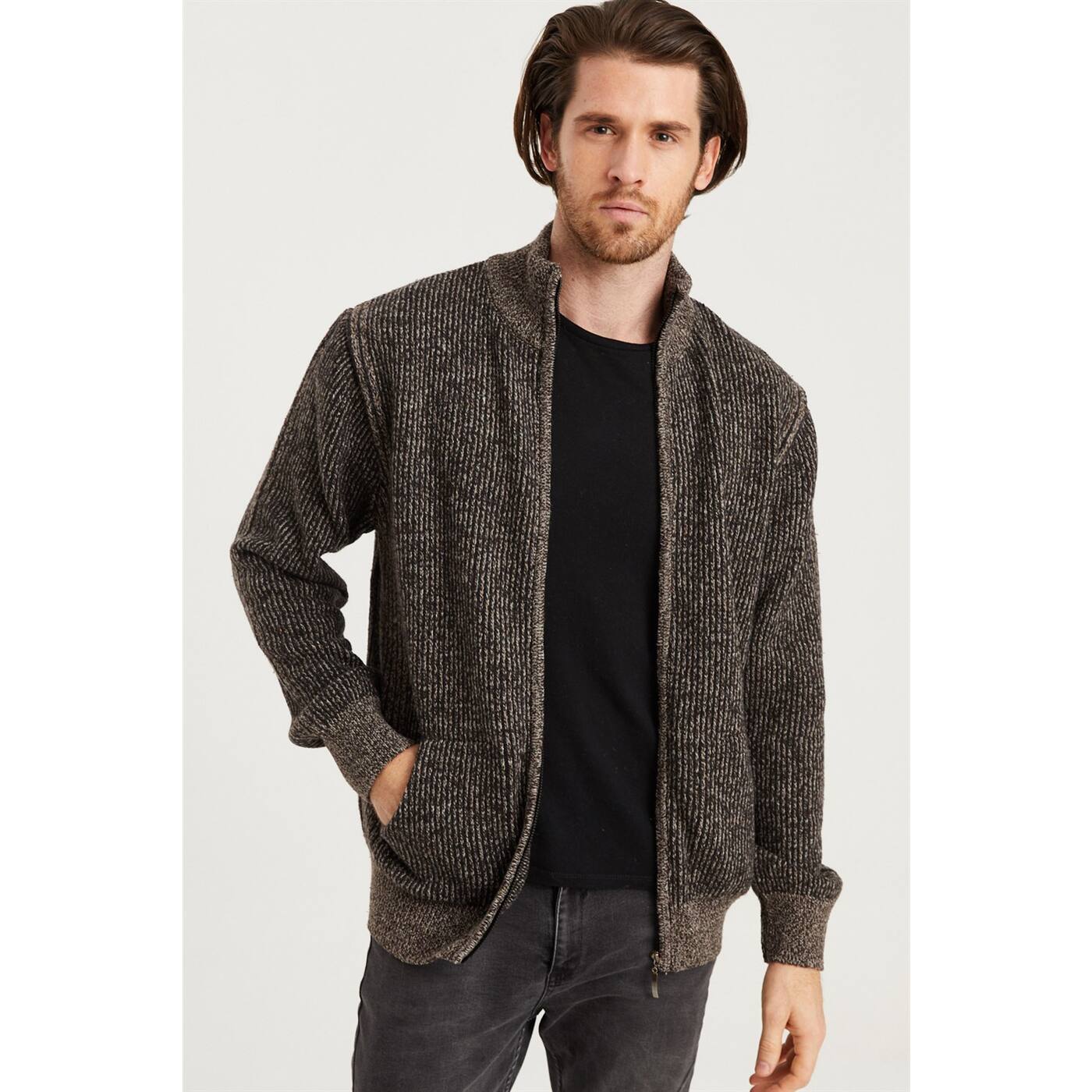 V7406 DEWBERRY ZIPPERED MEN'S SWEATER-COFFEE