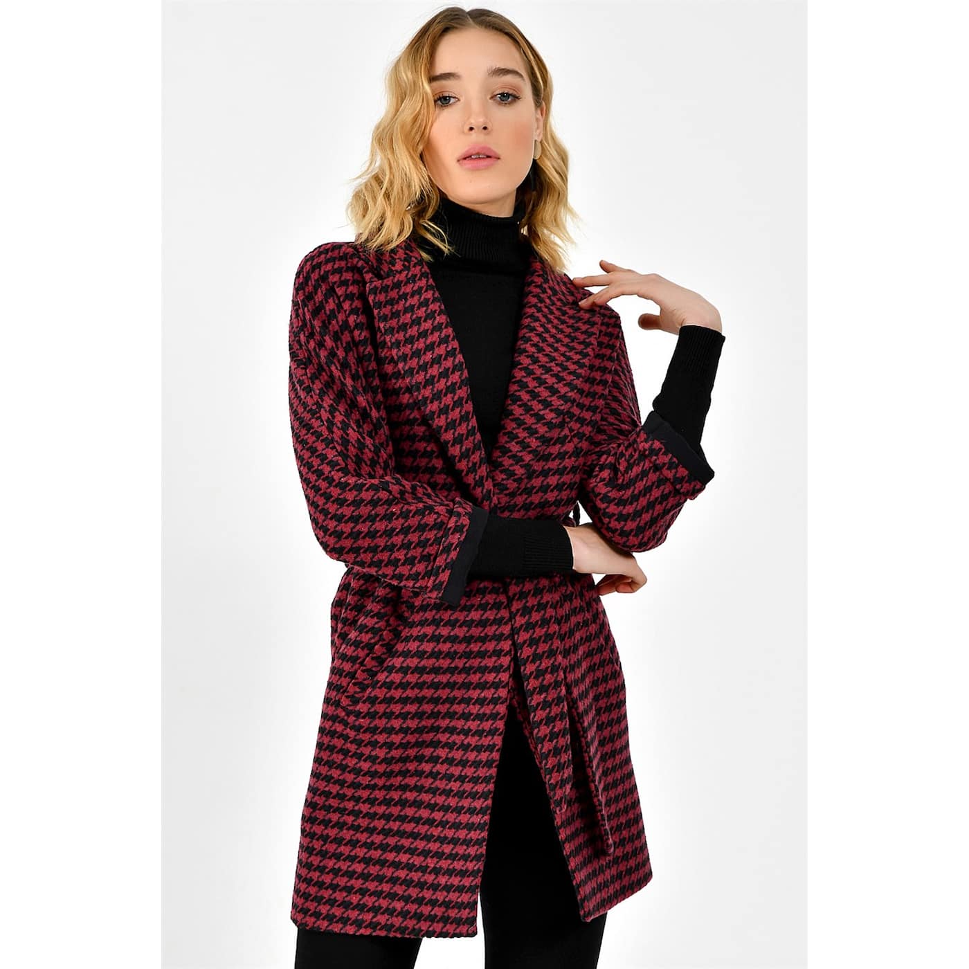 Z6623 DEWBERRY WOMEN's COAT-BORDEAUX-BLACK