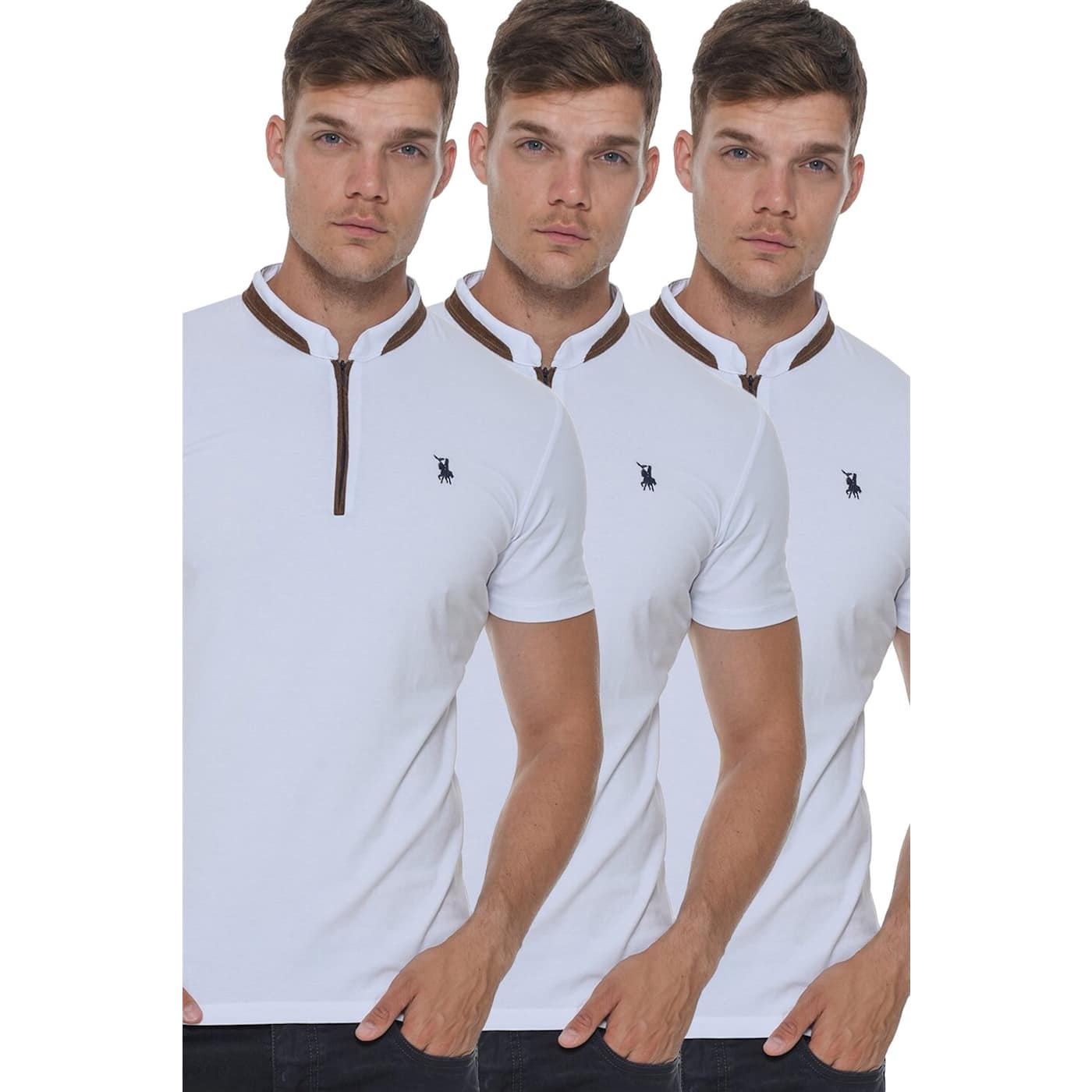 TRIPLE SET T8571 DEWBERRY ZIPPERED MEN'S T-SHIRT-WHITE-WHITE-WHITE
