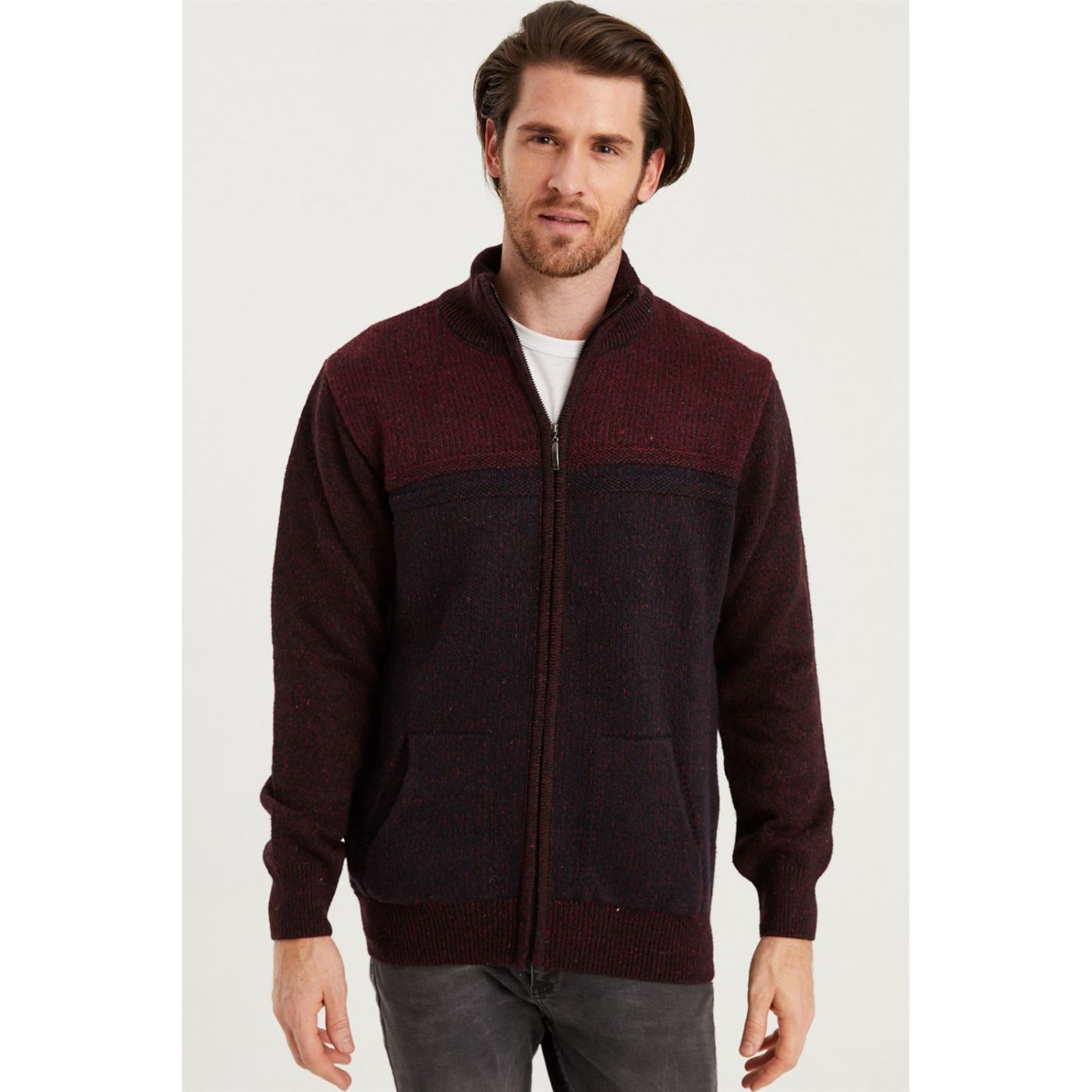 V0086 DEWBERRY ZIP-UP MEN'S SWEATER-BURGUNDY