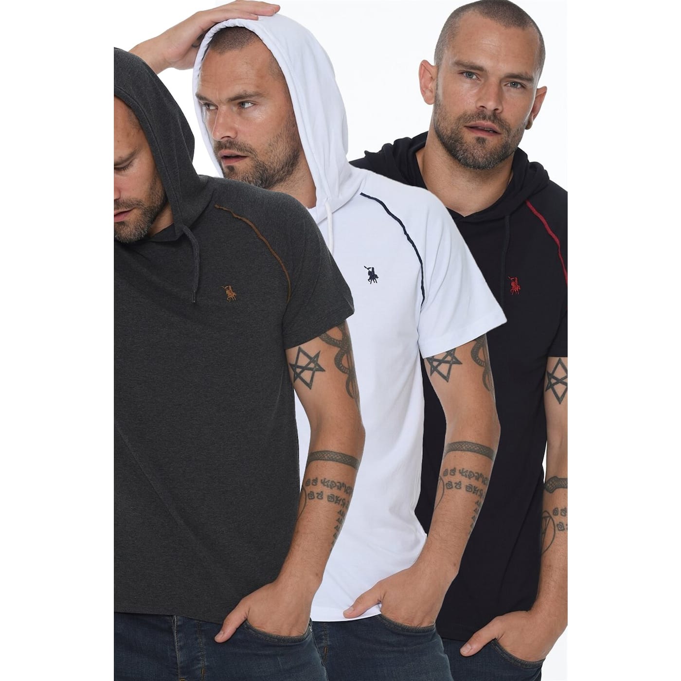 TRIPLE SET T8570 DEWBERRY HOODED MEN's T-SHIRT-ANTHRACITE-WHITE-LACİVERT