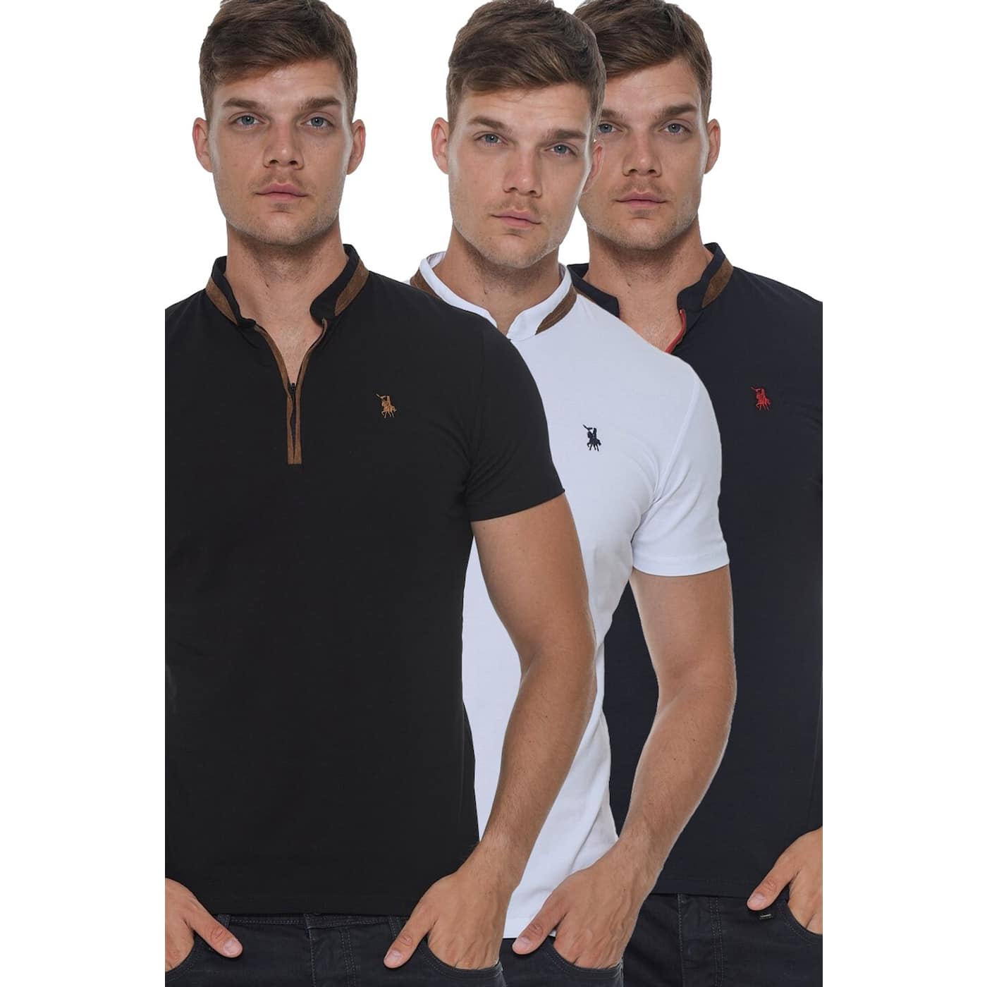 TRIPLE SET T8571 DEWBERRY ZIPPERED MEN's T-SHIRT-BLACK-WHITE-LACİVERT