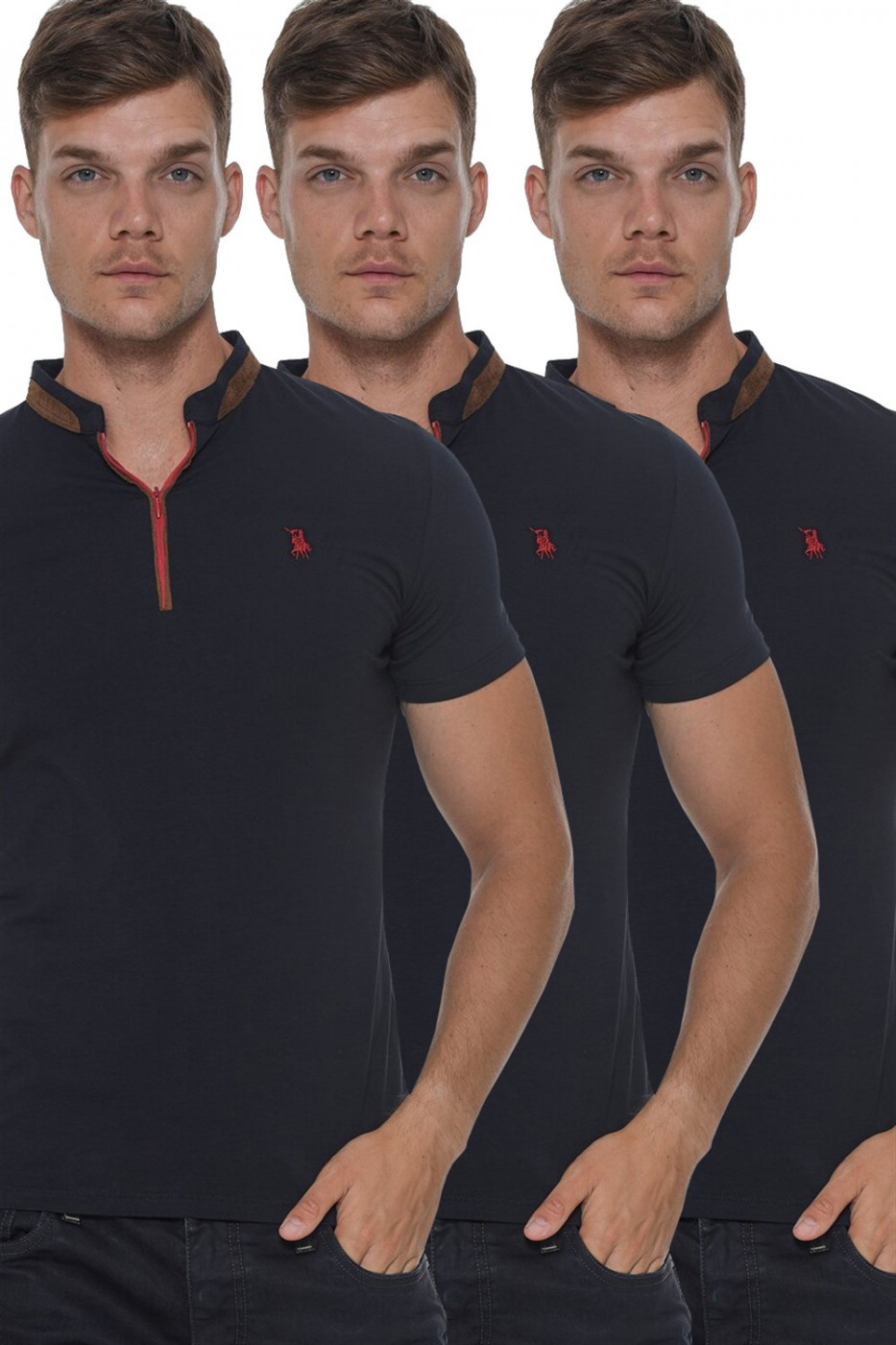 TRIPLE SET T8571 DEWBERRY ZIP-MEN'S T-SHIRT-LACİVERT-LACİVERT-LACİVERT-LACİVERT