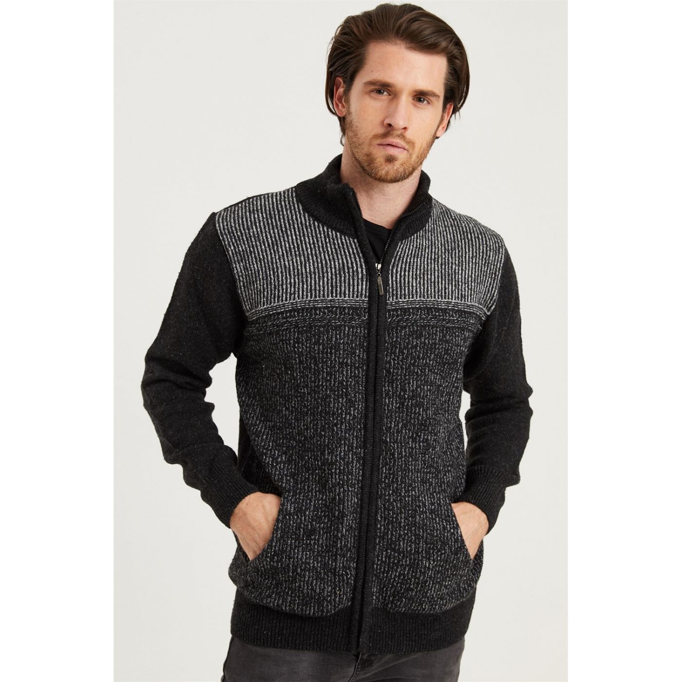 V0086 DEWBERRY ZIPPERED MEN'S SWEATER-ANTRASIT