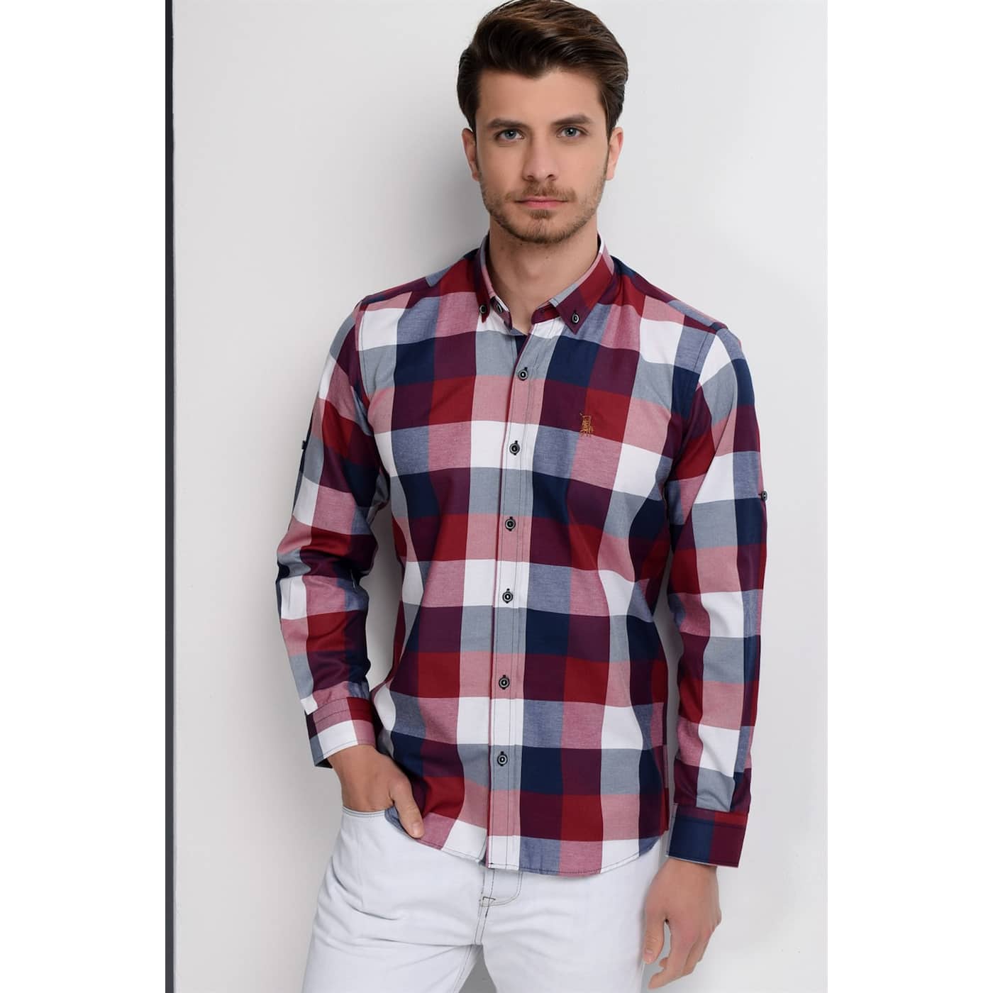 G662 DEWBERRY MEN's SHIRT-LACİVERT- BURGUNDY