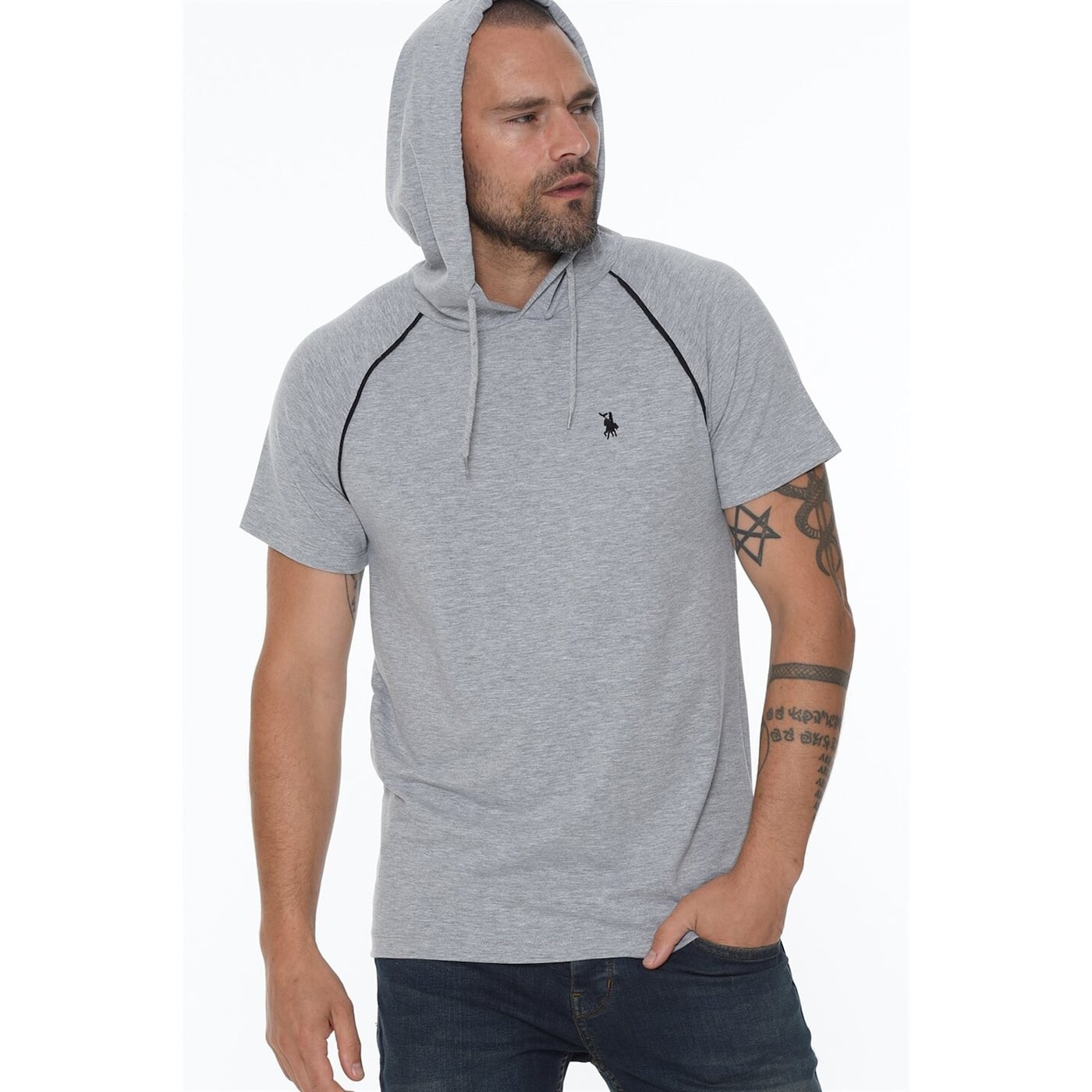 T8570 DEWBERRY HOODED MEN's T-SHIRT-GREY