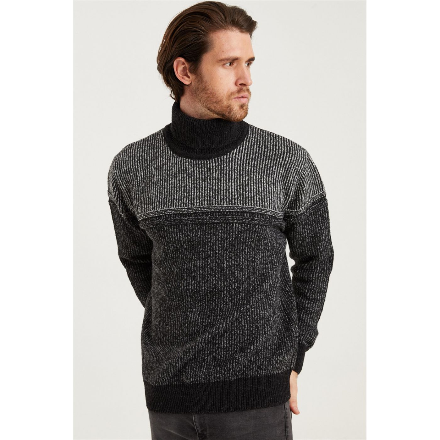 V0050 DEWBERRY FISH COLLAR MEN'S SWEATER-ANTHRACIT