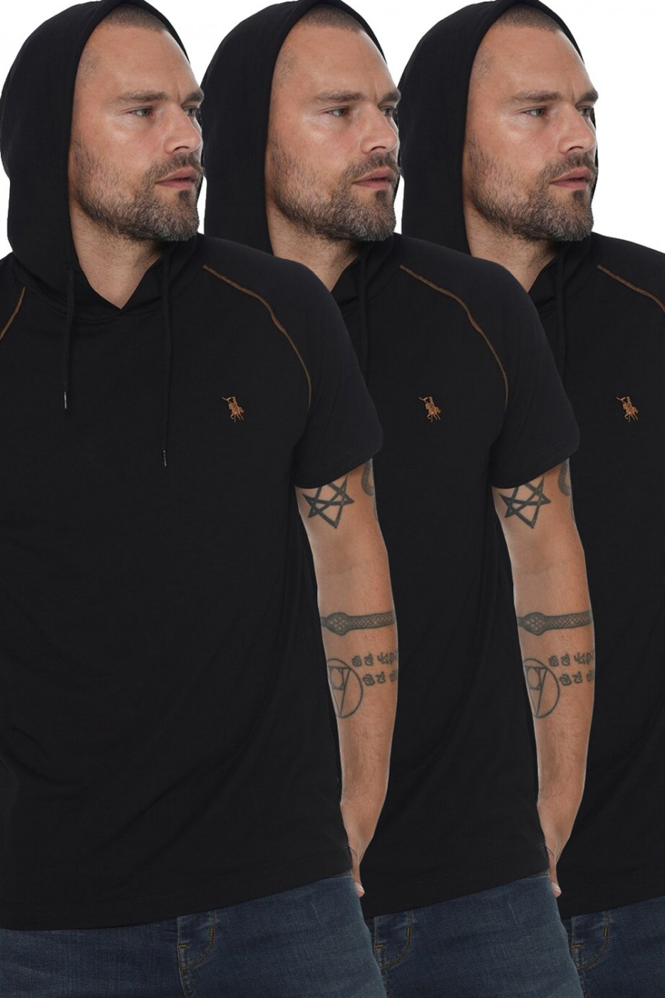 TRIPLE SET T8570 DEWBERRY HOODED MEN's T-SHIRT-BLACK-BLACK-BLACK