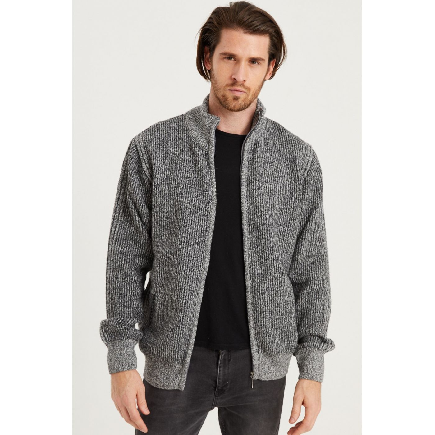 V7406 DEWBERRY ZIPPERED MEN'S SWEATER-ON GREY