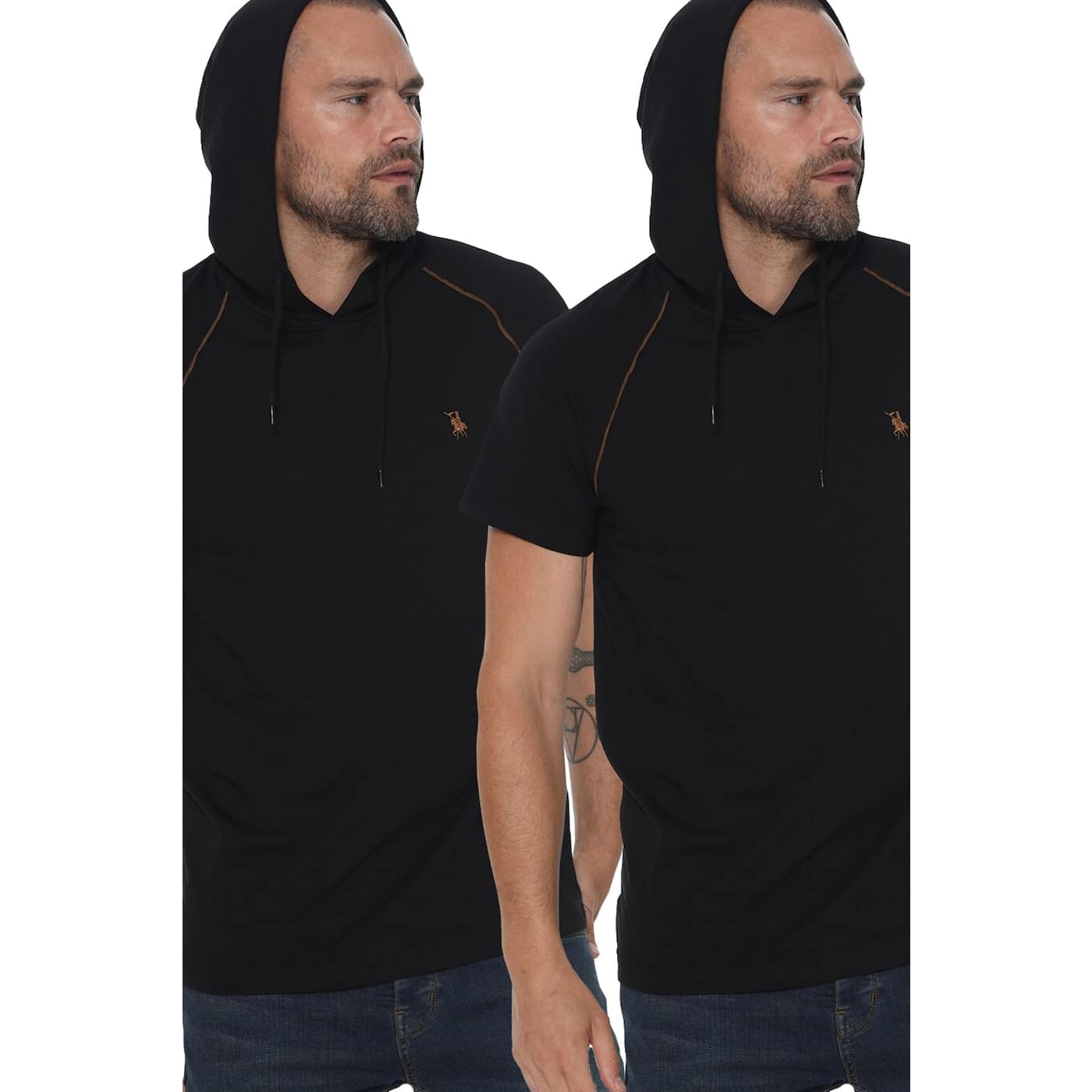 TWO SETS T8570 DEWBERRY HOODED MEN's T-SHIRT-BLACK-BLACK