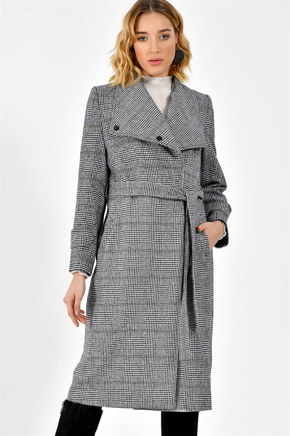 Z6627 DEWBERY PLAID WOMEN'S COAT-HAKI-BLACK